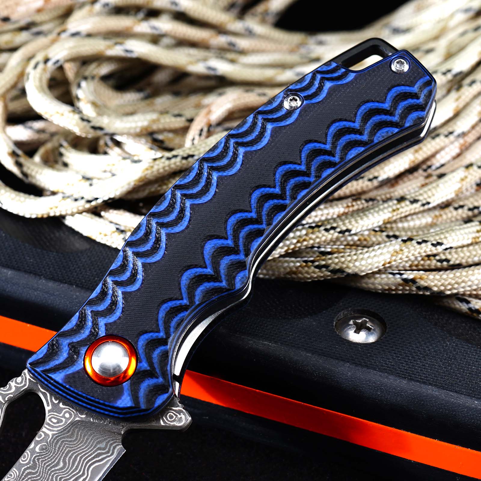 Tunafire Knife GT-DM027 Two-color G10 Handle 2.8"Damascus steel Blade Ball Bearing Flipper Knife EDC Tools