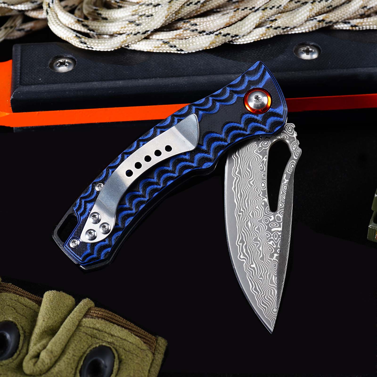 Tunafire Knife GT-DM027 Two-color G10 Handle 2.8"Damascus steel Blade Ball Bearing Flipper Knife EDC Tools