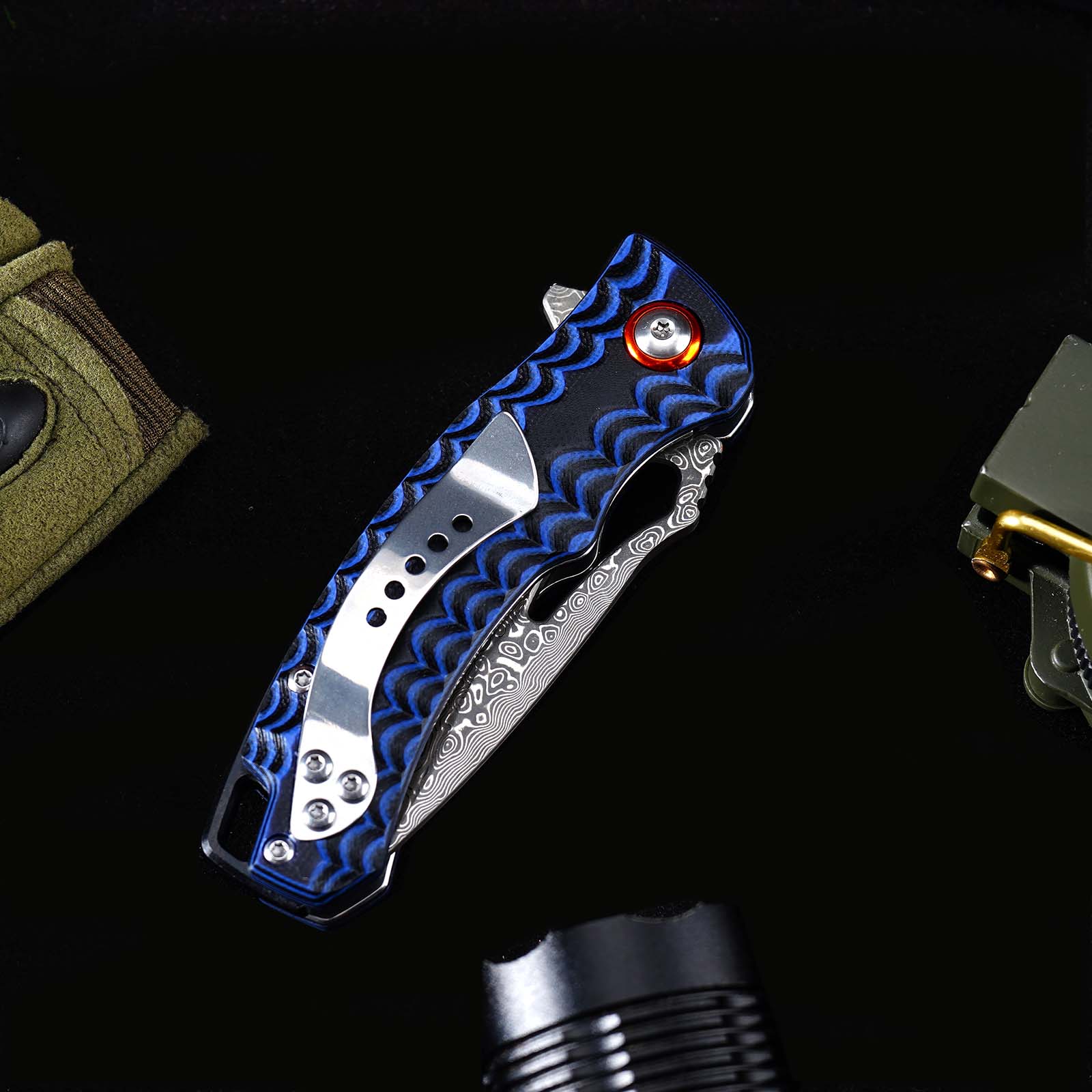Tunafire Knife GT-DM027 Two-color G10 Handle 2.8"Damascus steel Blade Ball Bearing Flipper Knife EDC Tools