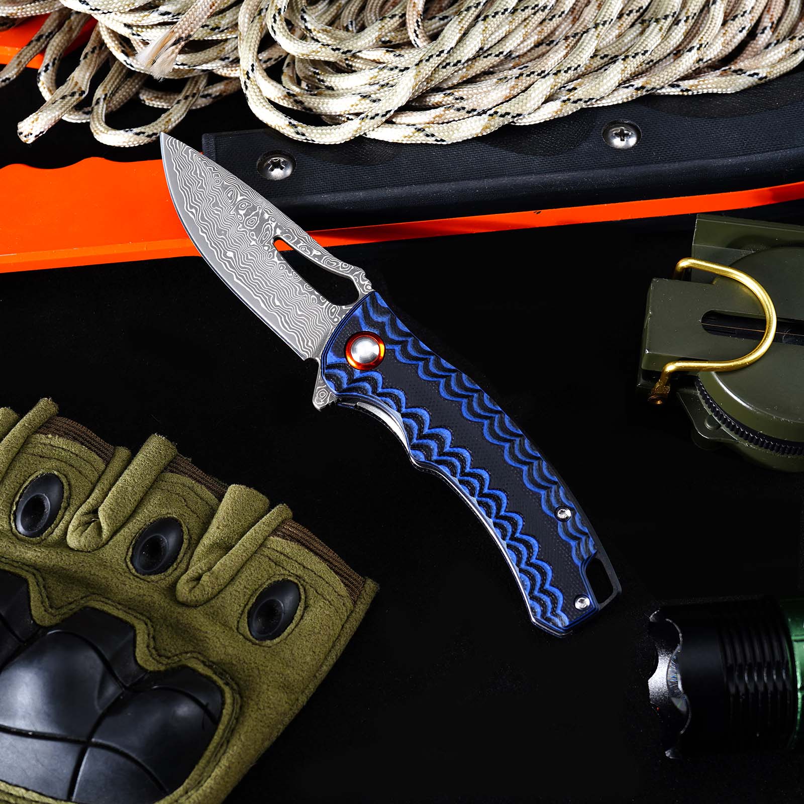 Tunafire Knife GT-DM027 Two-color G10 Handle 2.8"Damascus steel Blade Ball Bearing Flipper Knife EDC Tools