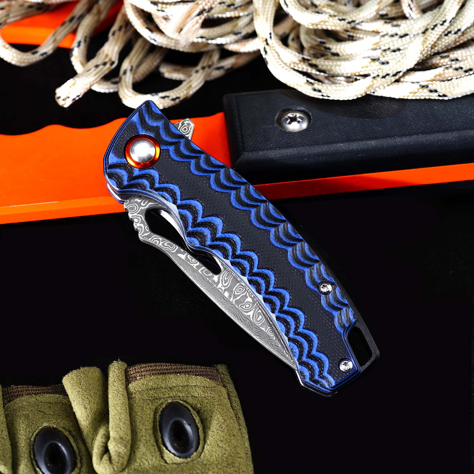 Tunafire Knife GT-DM027 Two-color G10 Handle 2.8"Damascus steel Blade Ball Bearing Flipper Knife EDC Tools