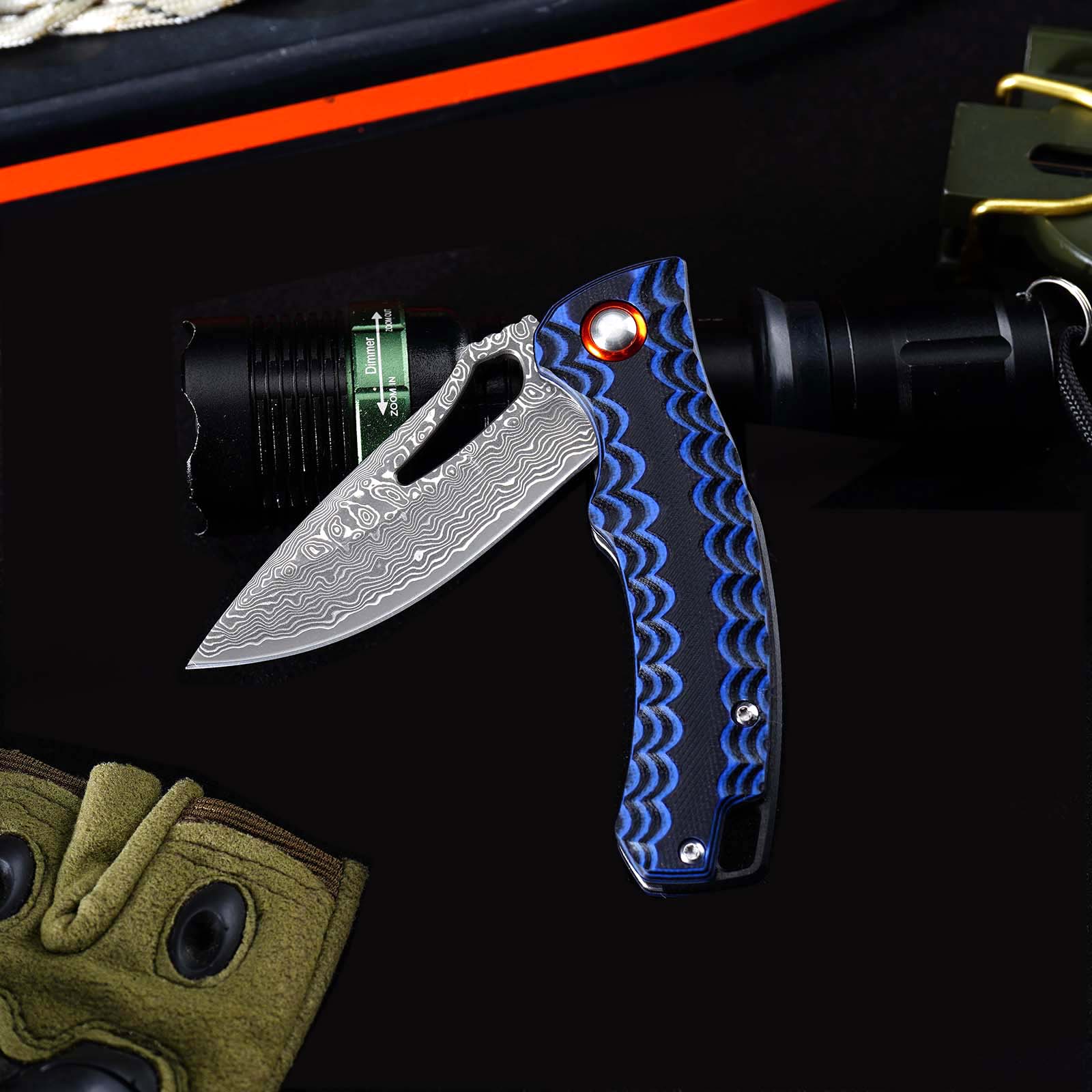 Tunafire Knife GT-DM027 Two-color G10 Handle 2.8"Damascus steel Blade Ball Bearing Flipper Knife EDC Tools