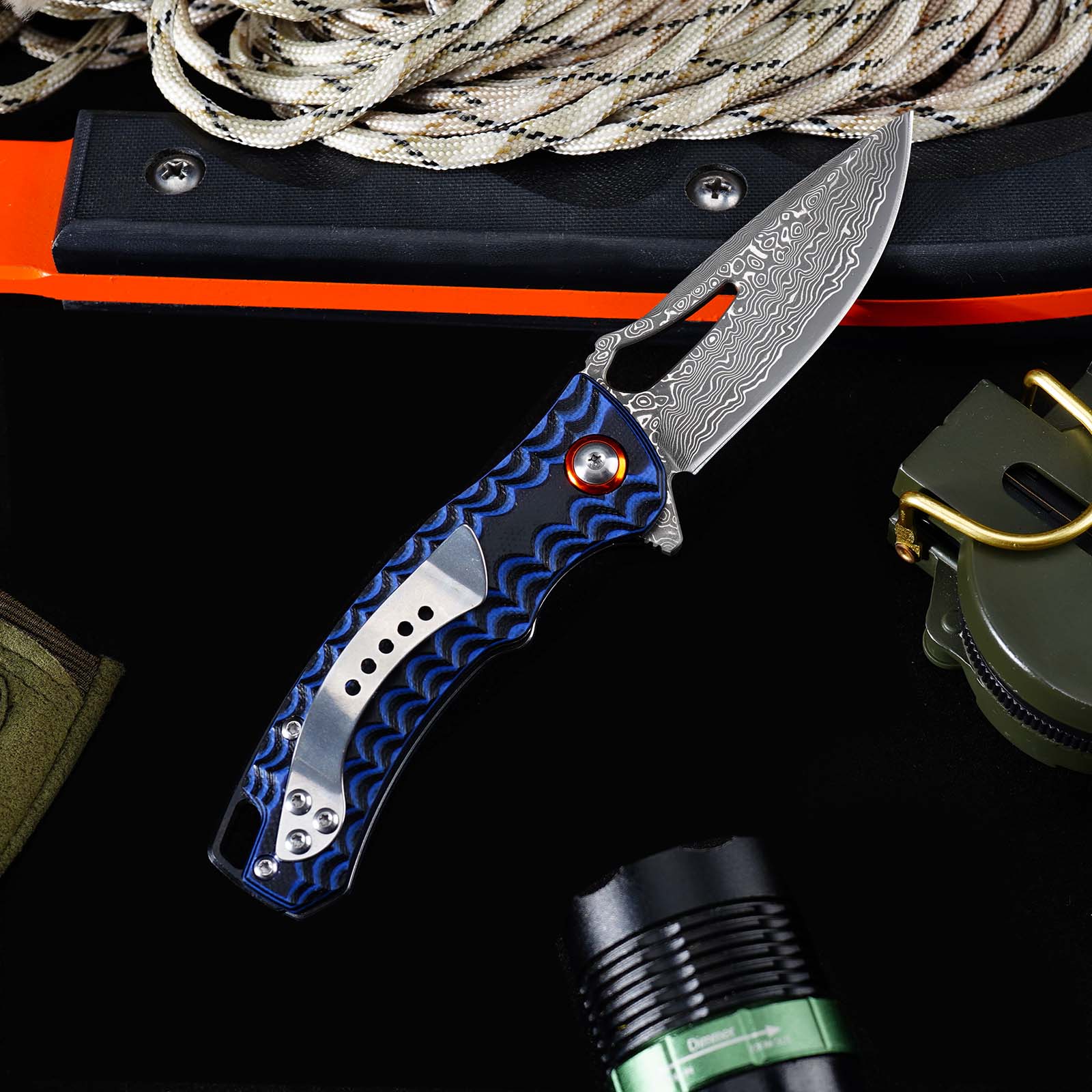 Tunafire Knife GT-DM027 Two-color G10 Handle 2.8"Damascus steel Blade Ball Bearing Flipper Knife EDC Tools