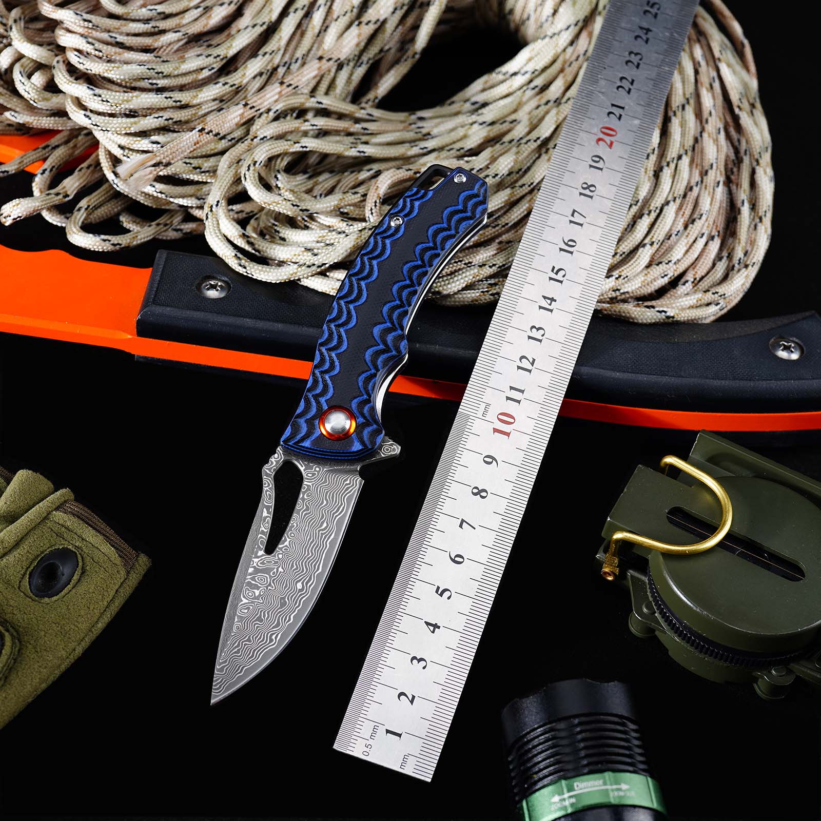 Tunafire Knife GT-DM027 Two-color G10 Handle 2.8"Damascus steel Blade Ball Bearing Flipper Knife EDC Tools