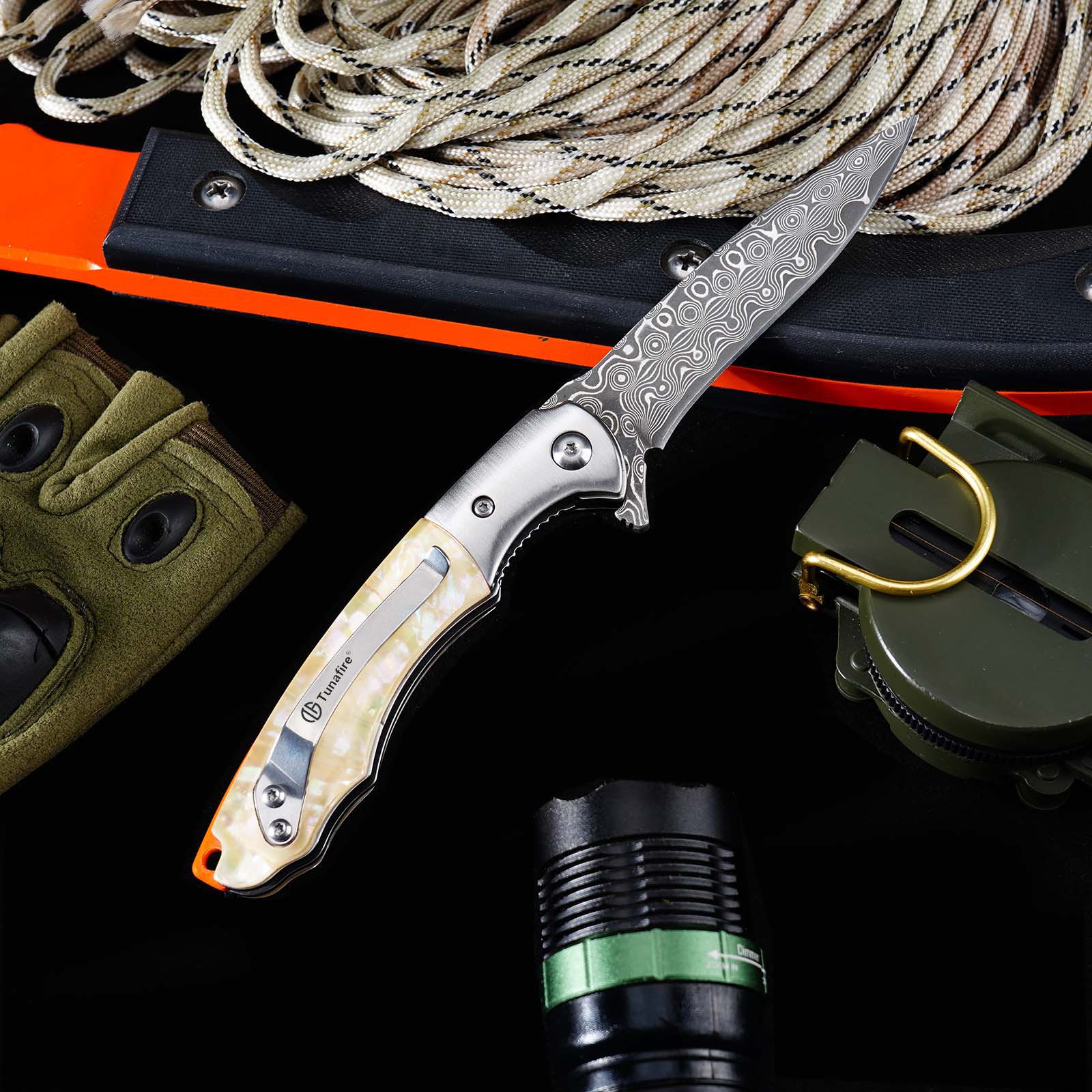Tunafire GT-DM014 Everyday Carry Folding Knife | 76 Layers Damascus Blade, White Shellfish Inlay Handle