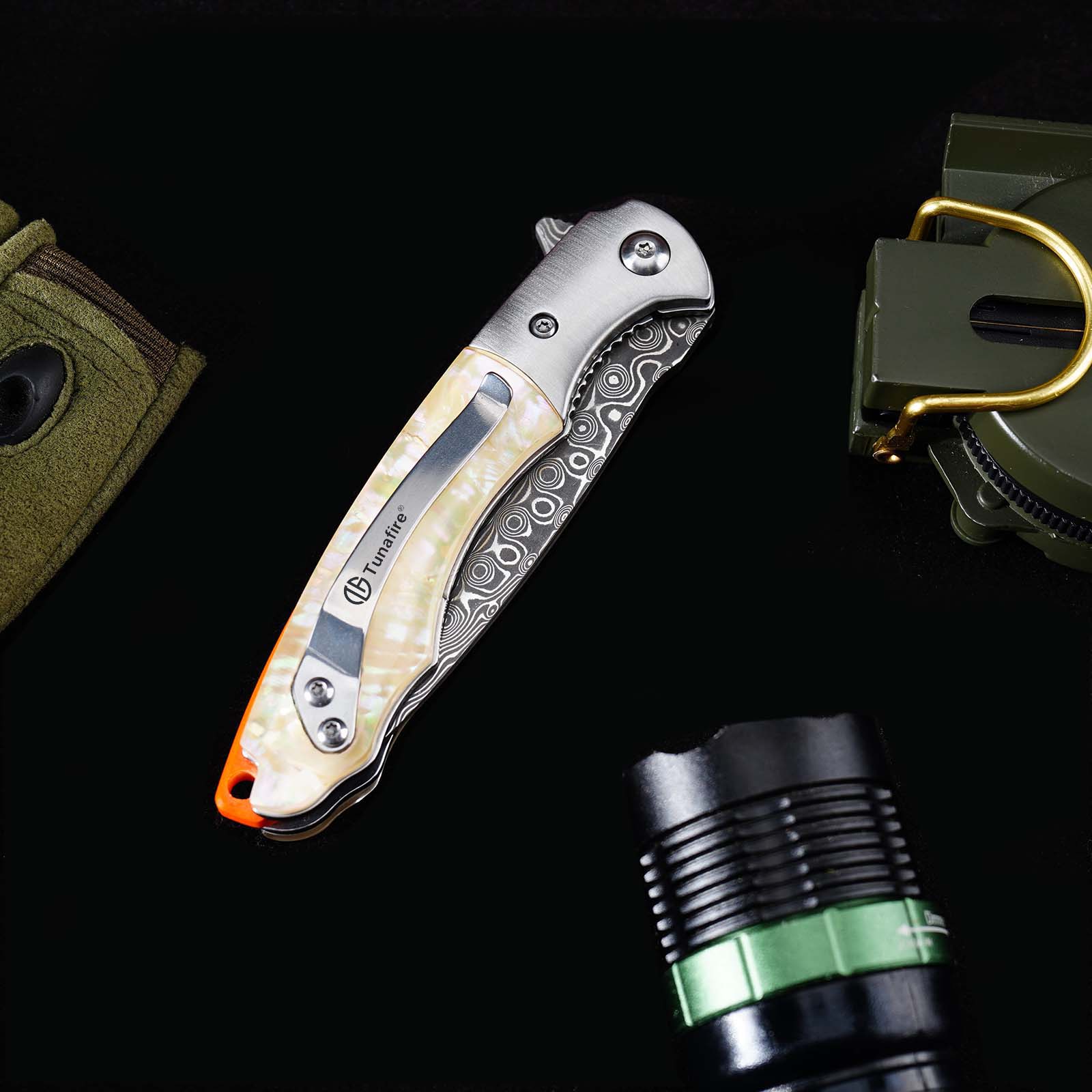 Tunafire GT-DM014 Everyday Carry Folding Knife | 76 Layers Damascus Blade, White Shellfish Inlay Handle