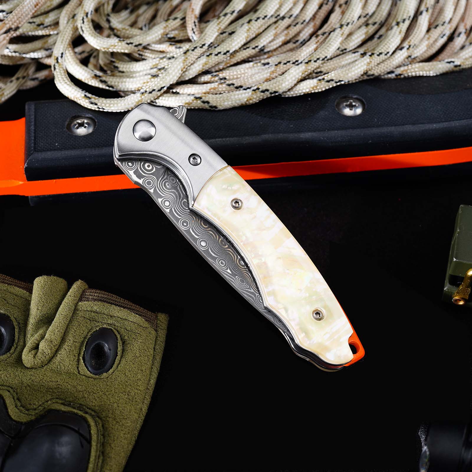 Tunafire GT-DM014 Everyday Carry Folding Knife | 76 Layers Damascus Blade, White Shellfish Inlay Handle