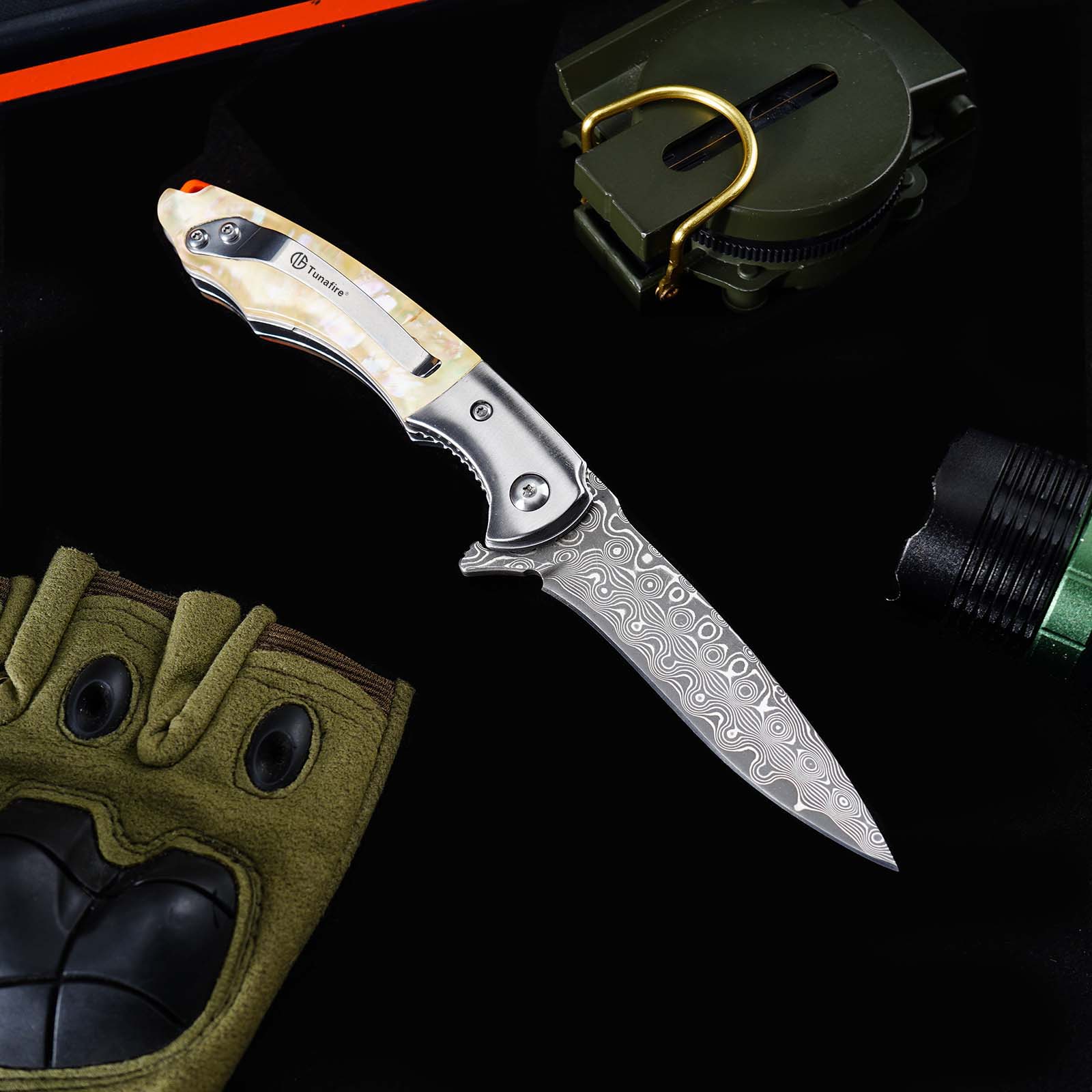 Tunafire GT-DM014 Everyday Carry Folding Knife | 76 Layers Damascus Blade, White Shellfish Inlay Handle