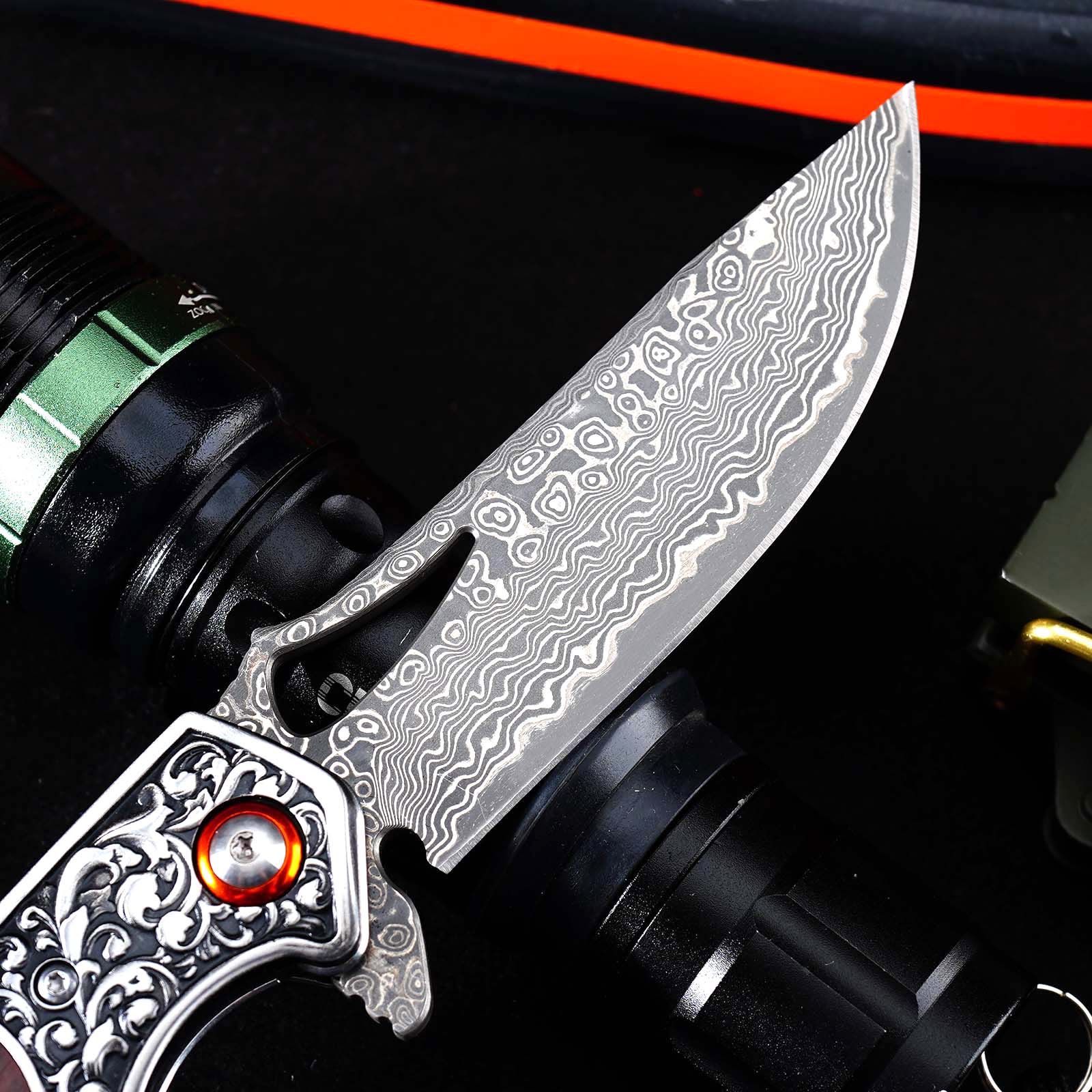 Tunafire  GT-DM029 3.54&rdquo;Collectible Damascus Knife, Rosewood Handle Ball Bearing Folding Pocket Knife