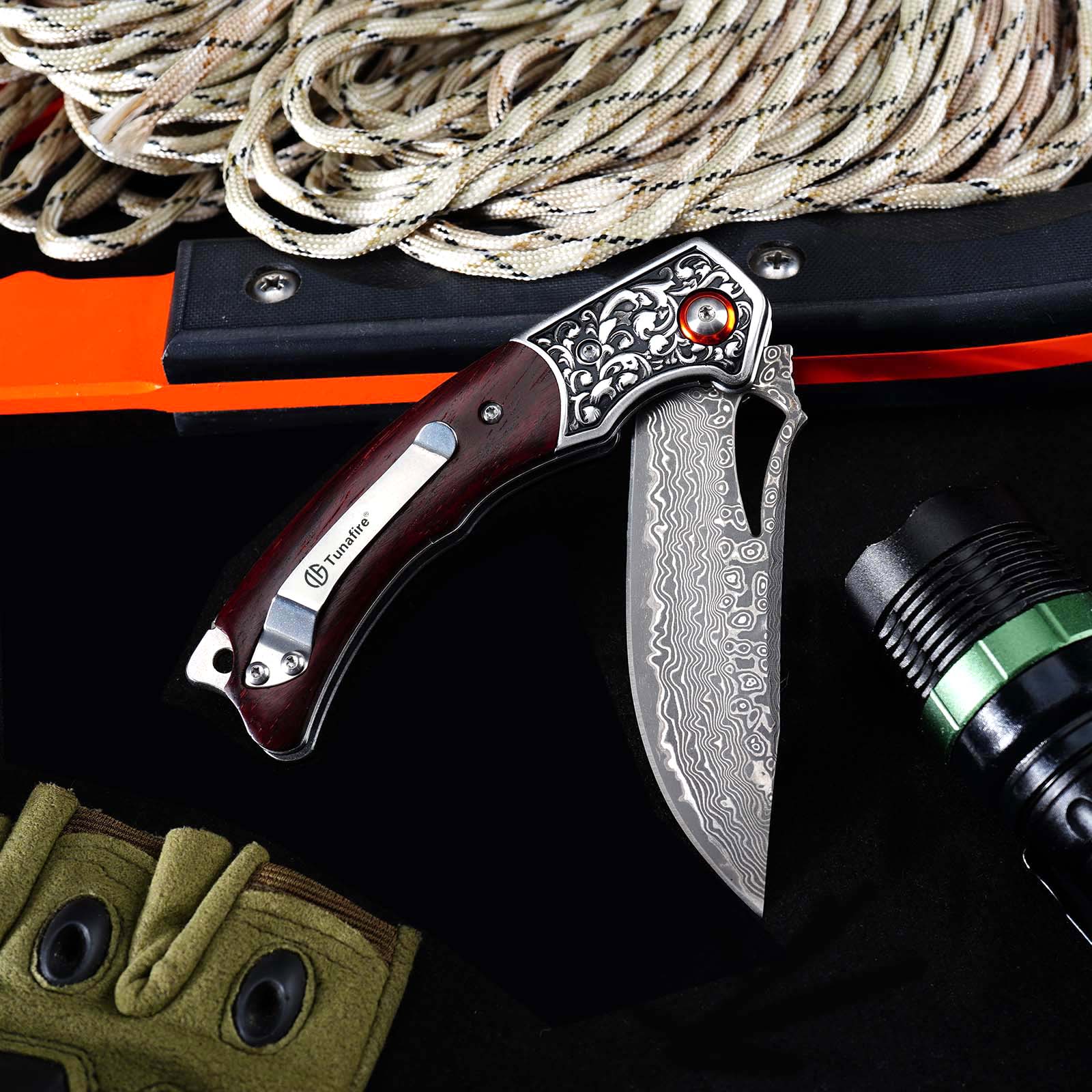 Tunafire  GT-DM029 3.54&rdquo;Collectible Damascus Knife, Rosewood Handle Ball Bearing Folding Pocket Knife