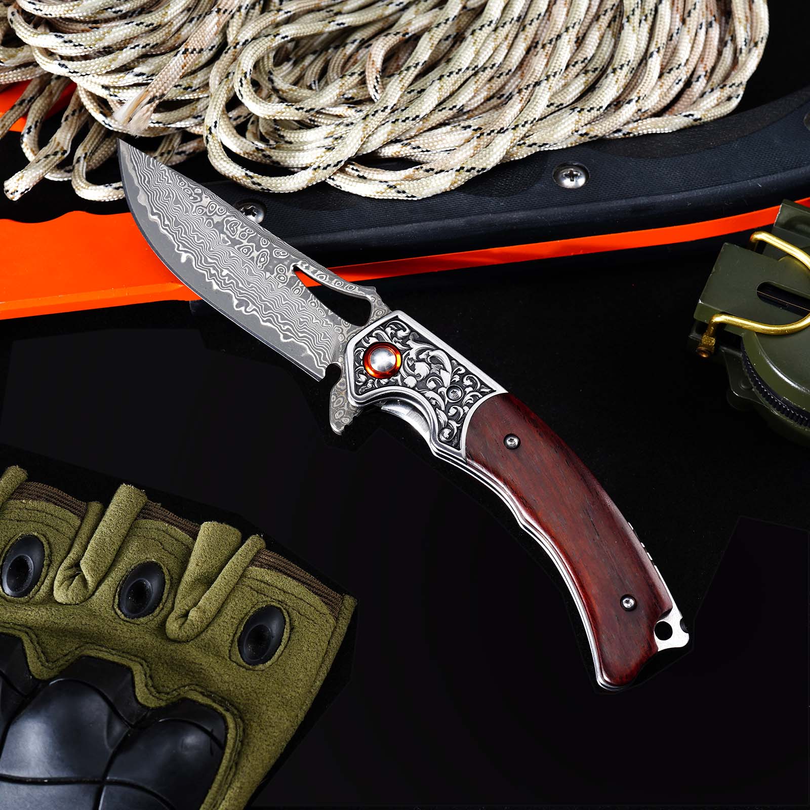Tunafire  GT-DM029 3.54&rdquo;Collectible Damascus Knife, Rosewood Handle Ball Bearing Folding Pocket Knife