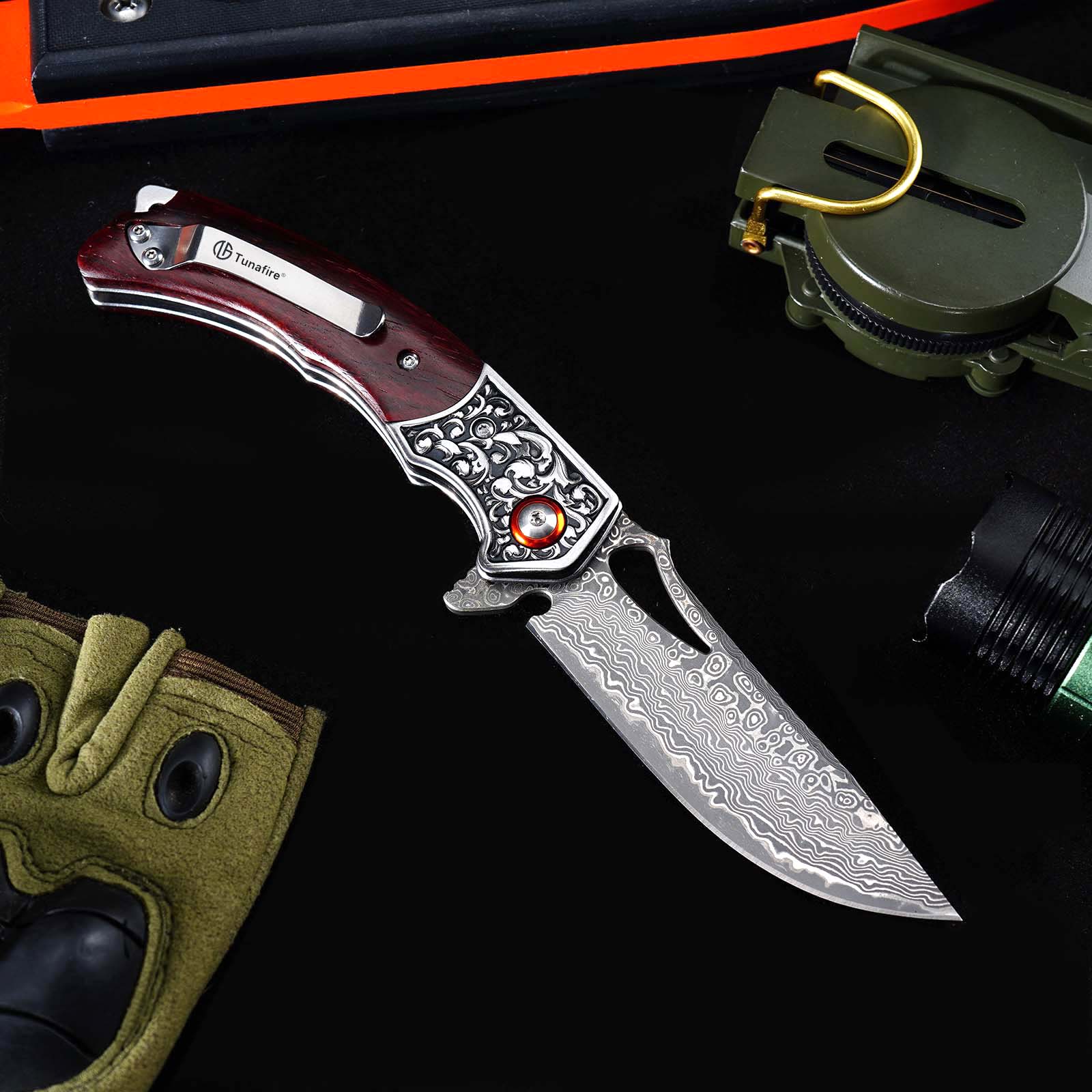 Tunafire  GT-DM029 3.54&rdquo;Collectible Damascus Knife, Rosewood Handle Ball Bearing Folding Pocket Knife