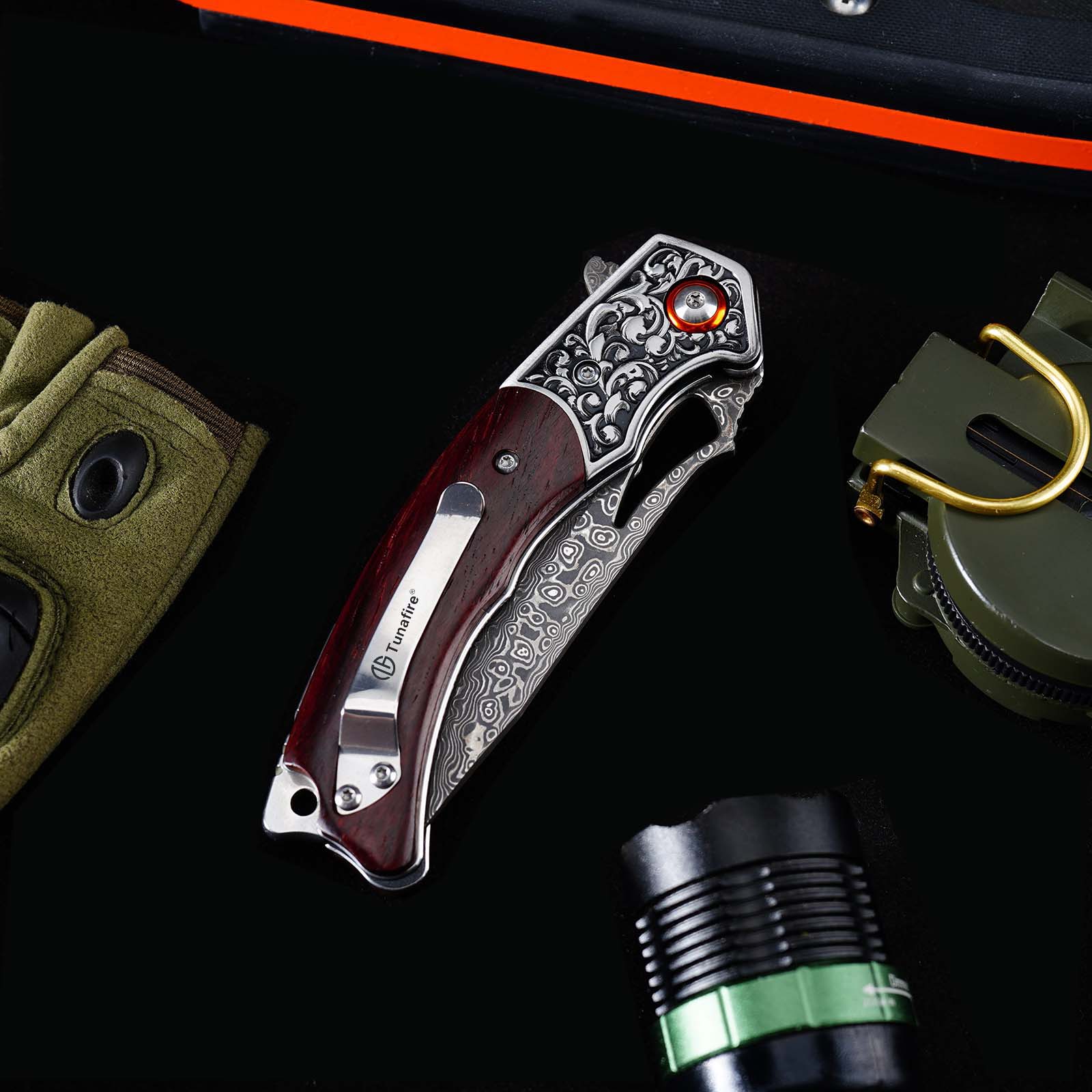 Tunafire  GT-DM029 3.54&rdquo;Collectible Damascus Knife, Rosewood Handle Ball Bearing Folding Pocket Knife