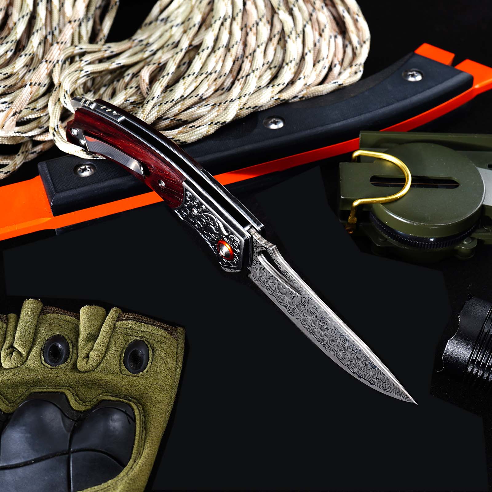 Tunafire  GT-DM029 3.54&rdquo;Collectible Damascus Knife, Rosewood Handle Ball Bearing Folding Pocket Knife