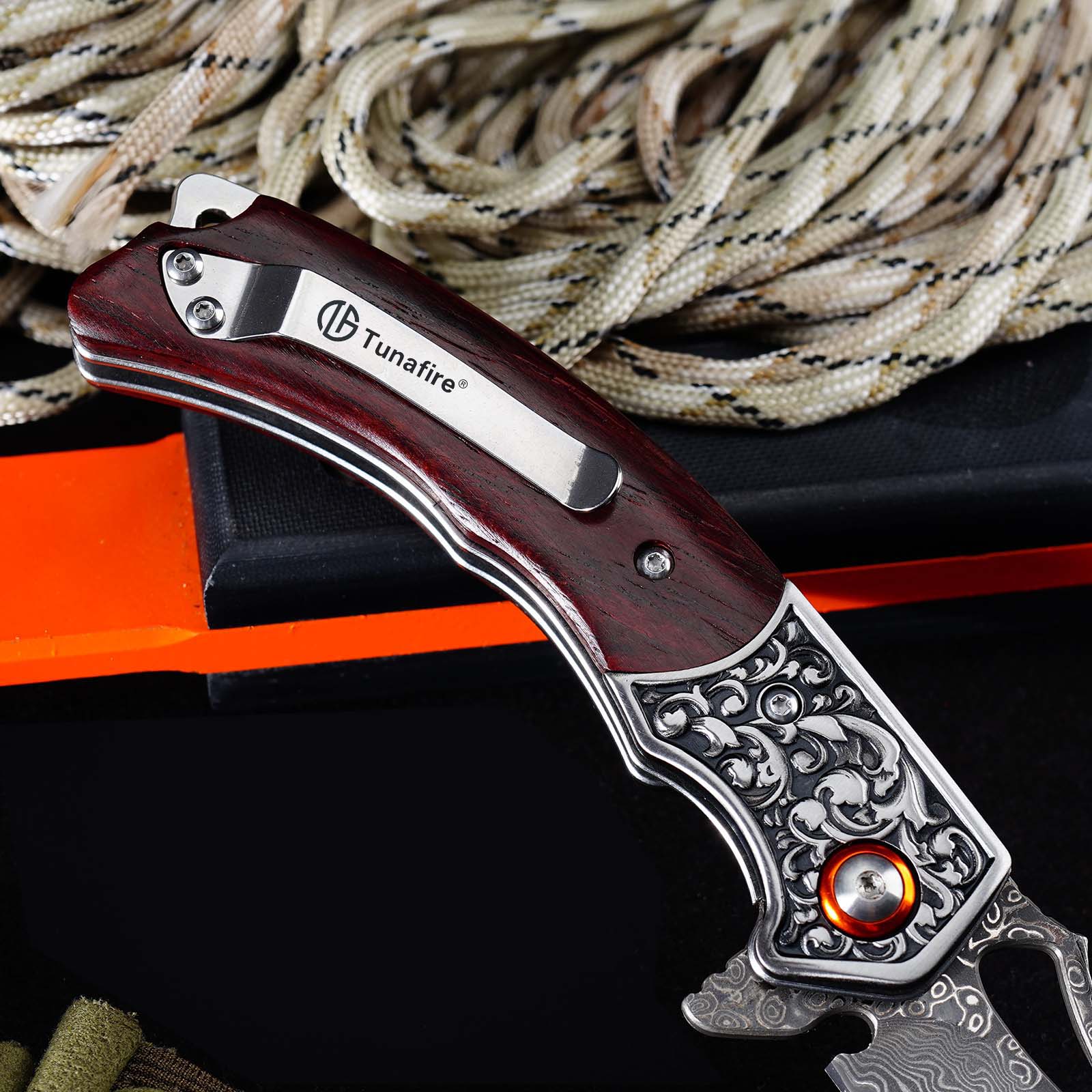 Tunafire  GT-DM029 3.54&rdquo;Collectible Damascus Knife, Rosewood Handle Ball Bearing Folding Pocket Knife