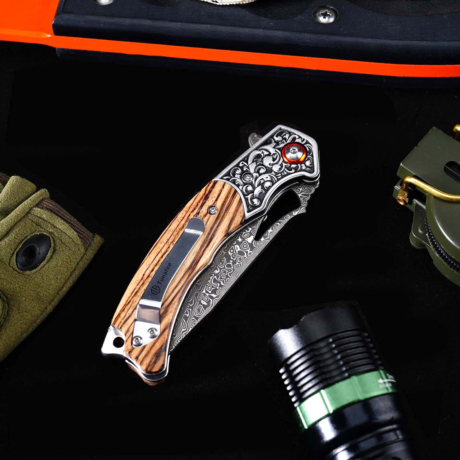 Tunafire GT-DM029 Damascus Steel Folding Knife, Zebra Wood Handle Ball Bearing EDC Pocket Knife