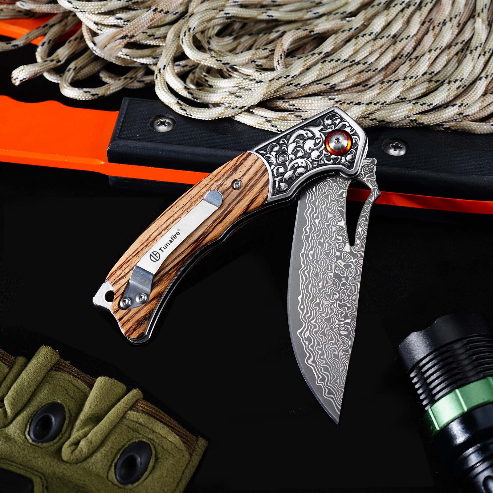 Tunafire GT-DM029 Damascus Steel Folding Knife, Zebra Wood Handle Ball Bearing EDC Pocket Knife