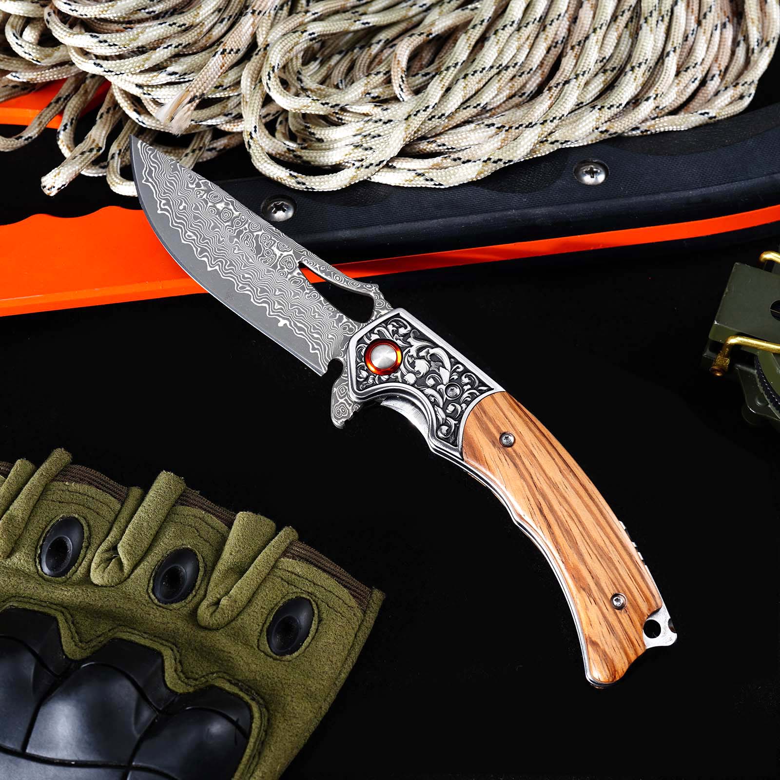 Tunafire GT-DM029 Damascus Steel Folding Knife, Zebra Wood Handle Ball Bearing EDC Pocket Knife