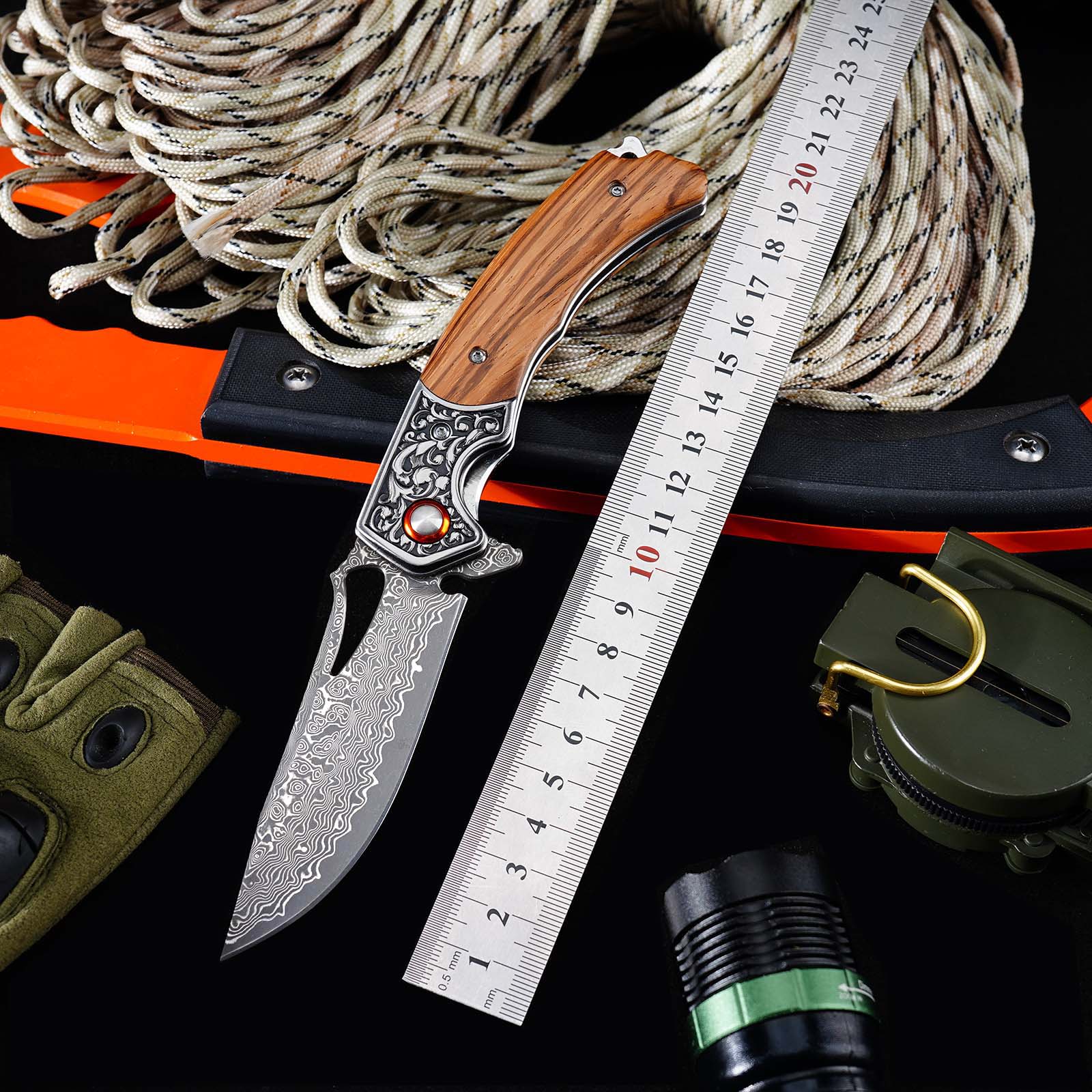 Tunafire GT-DM029 Damascus Steel Folding Knife, Zebra Wood Handle Ball Bearing EDC Pocket Knife