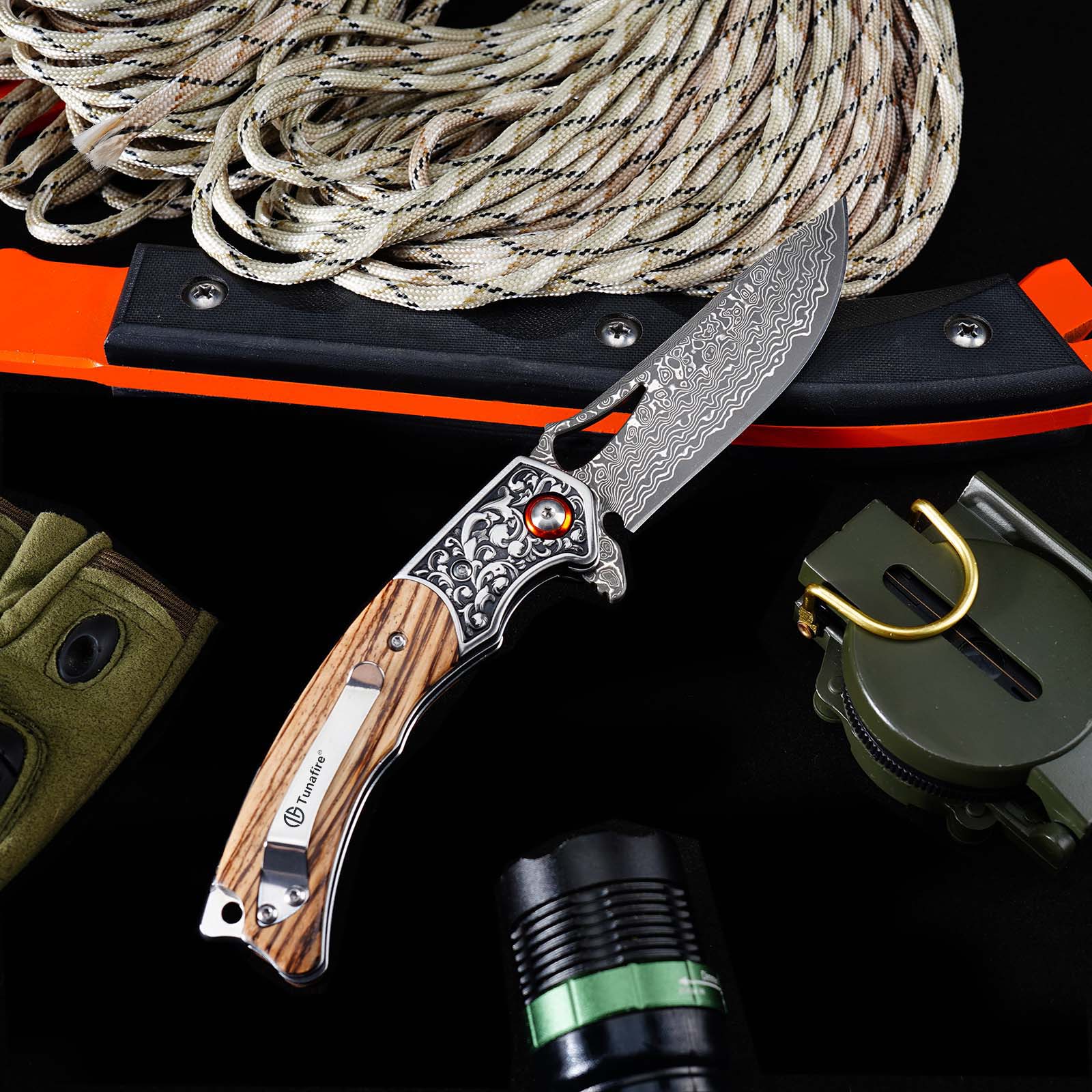 Tunafire GT-DM029 Damascus Steel Folding Knife, Zebra Wood Handle Ball Bearing EDC Pocket Knife