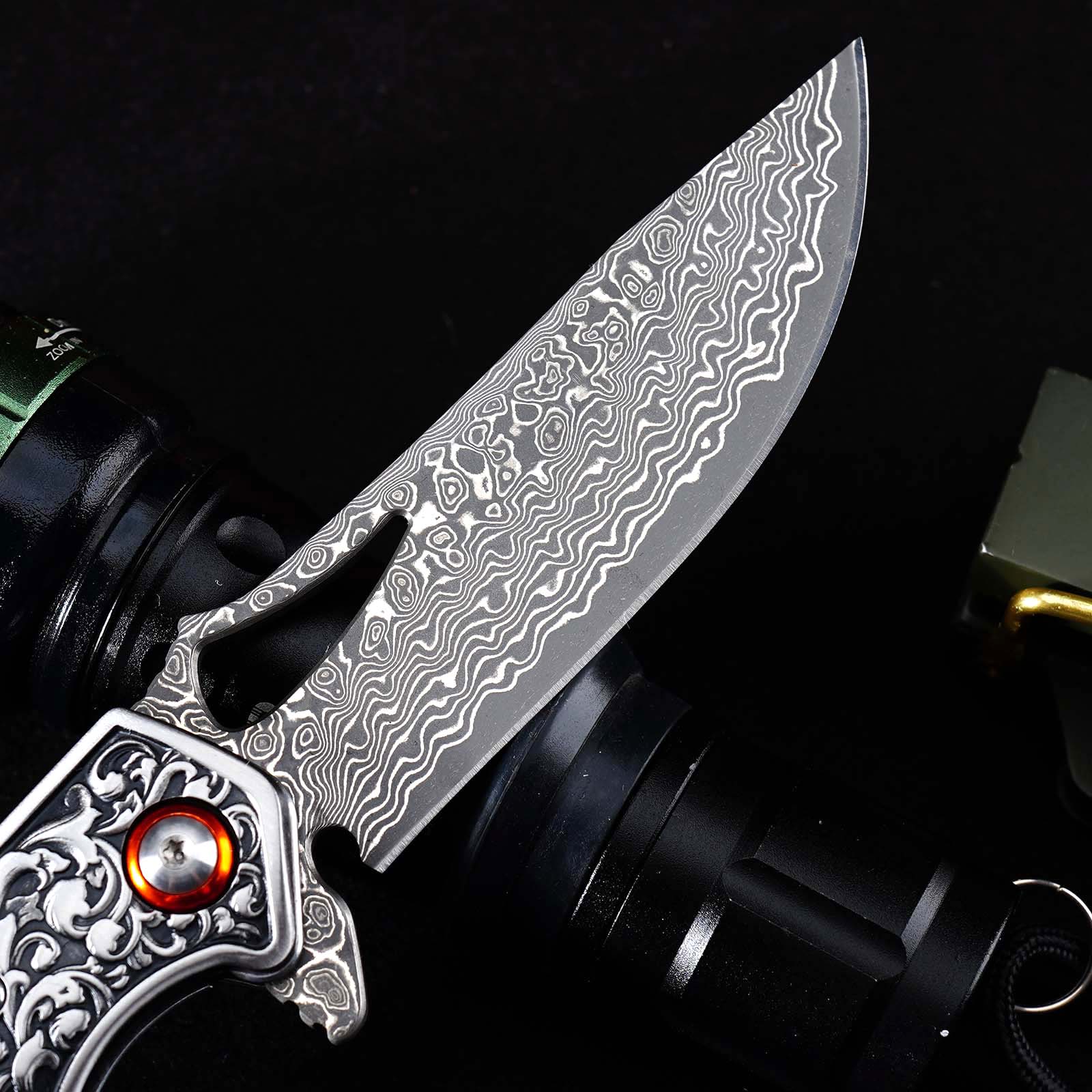 Tunafire GT-DM029 Damascus Steel Folding Knife, Zebra Wood Handle Ball Bearing EDC Pocket Knife