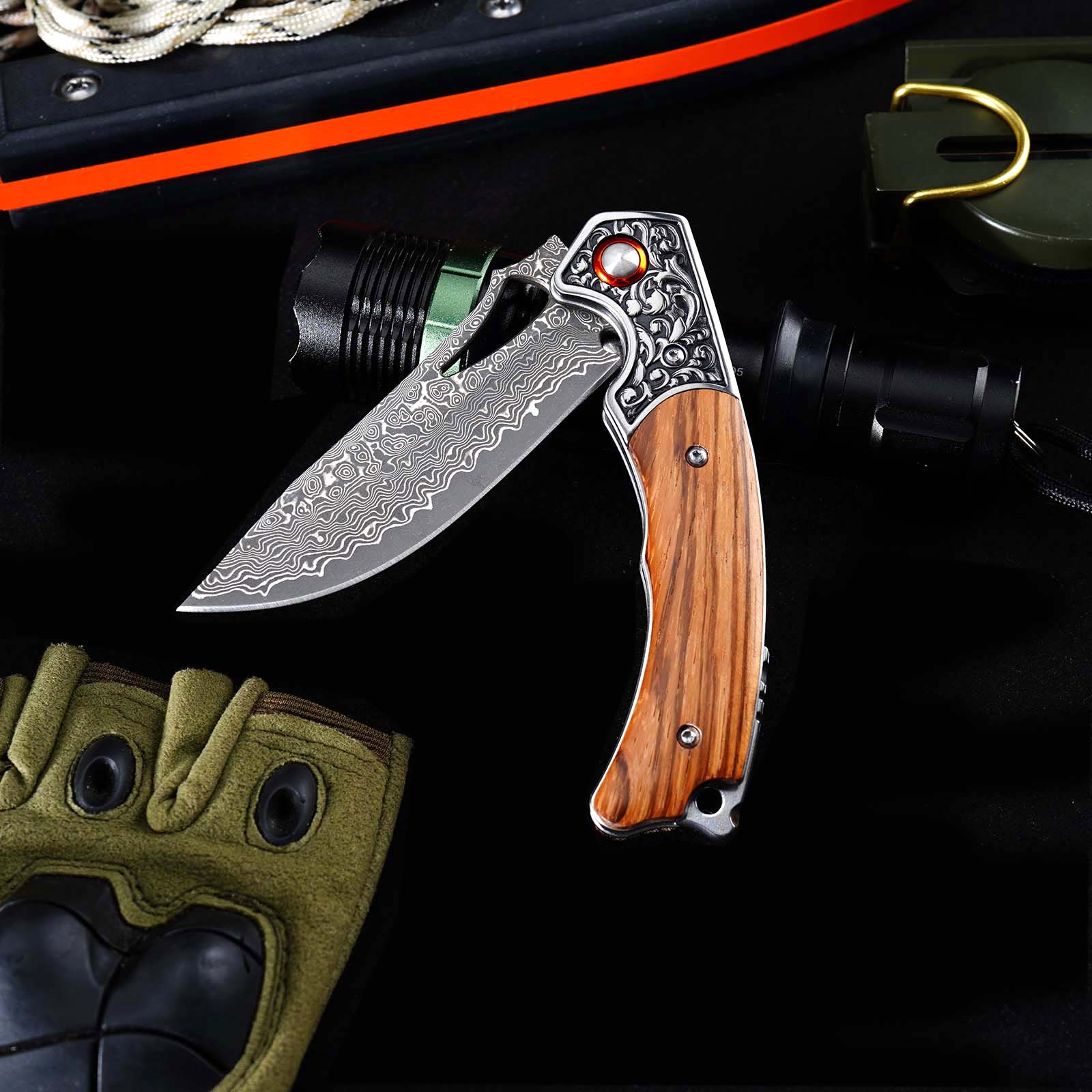 Tunafire GT-DM029 Damascus Steel Folding Knife, Zebra Wood Handle Ball Bearing EDC Pocket Knife