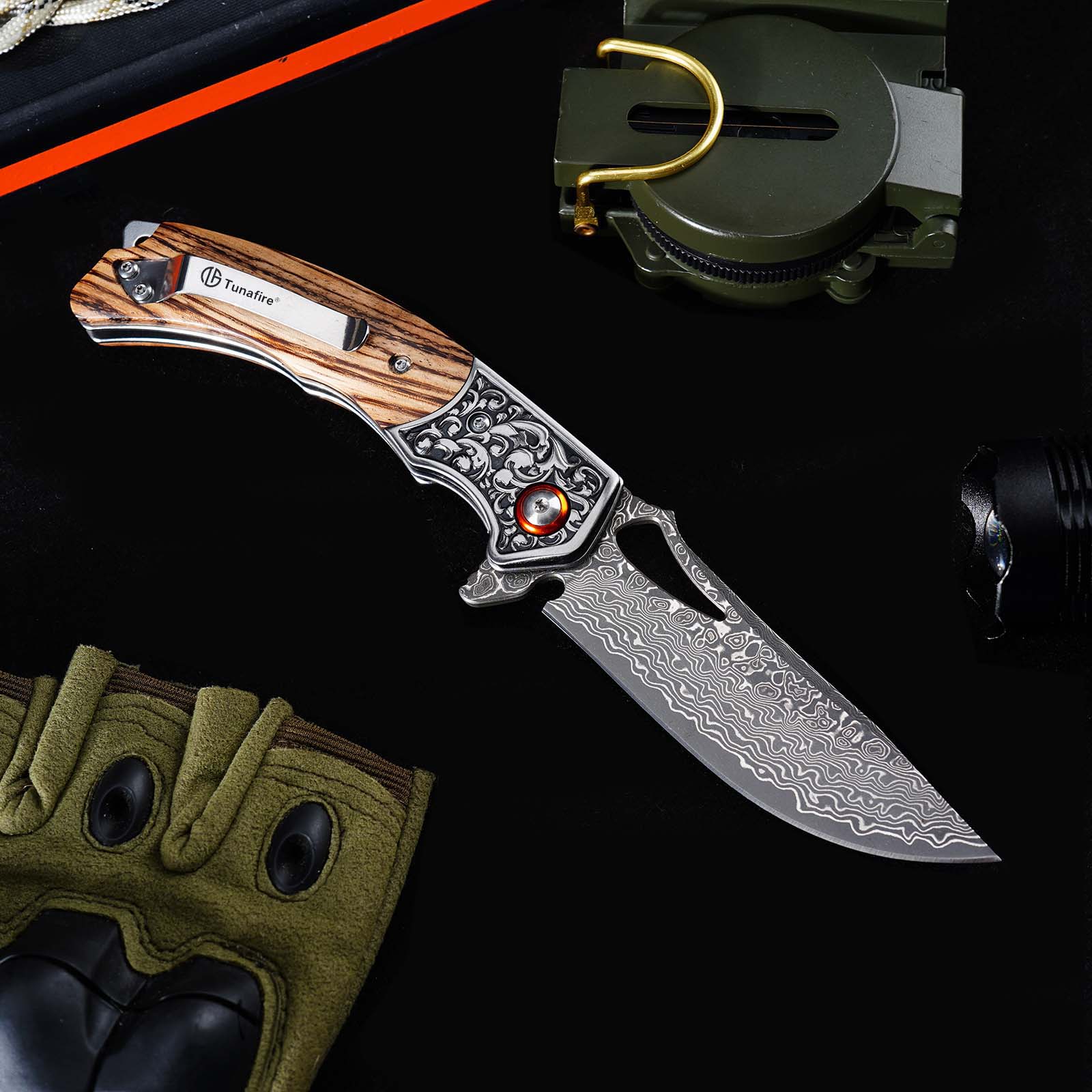 Tunafire GT-DM029 Damascus Steel Folding Knife, Zebra Wood Handle Ball Bearing EDC Pocket Knife