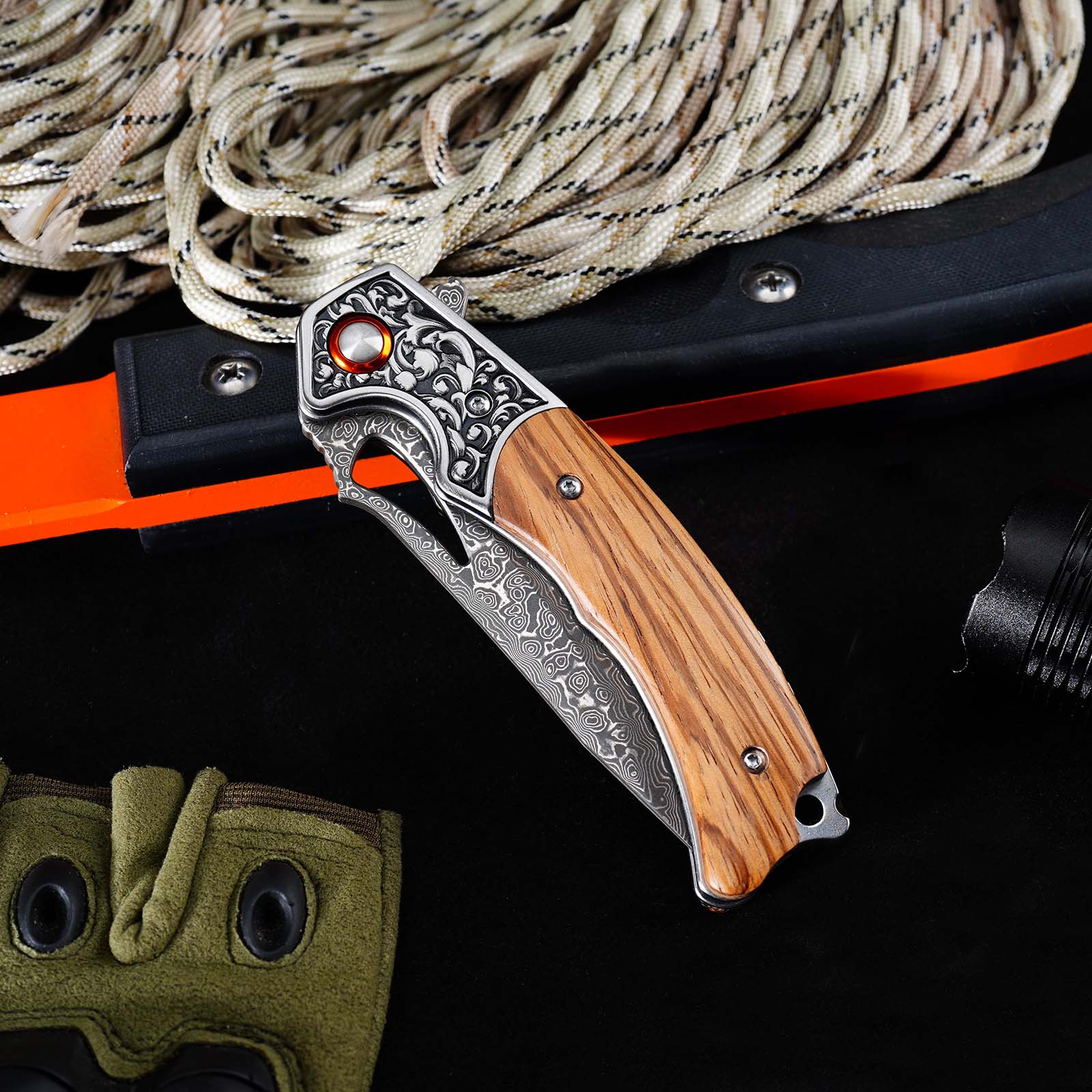 Tunafire GT-DM029 Damascus Steel Folding Knife, Zebra Wood Handle Ball Bearing EDC Pocket Knife