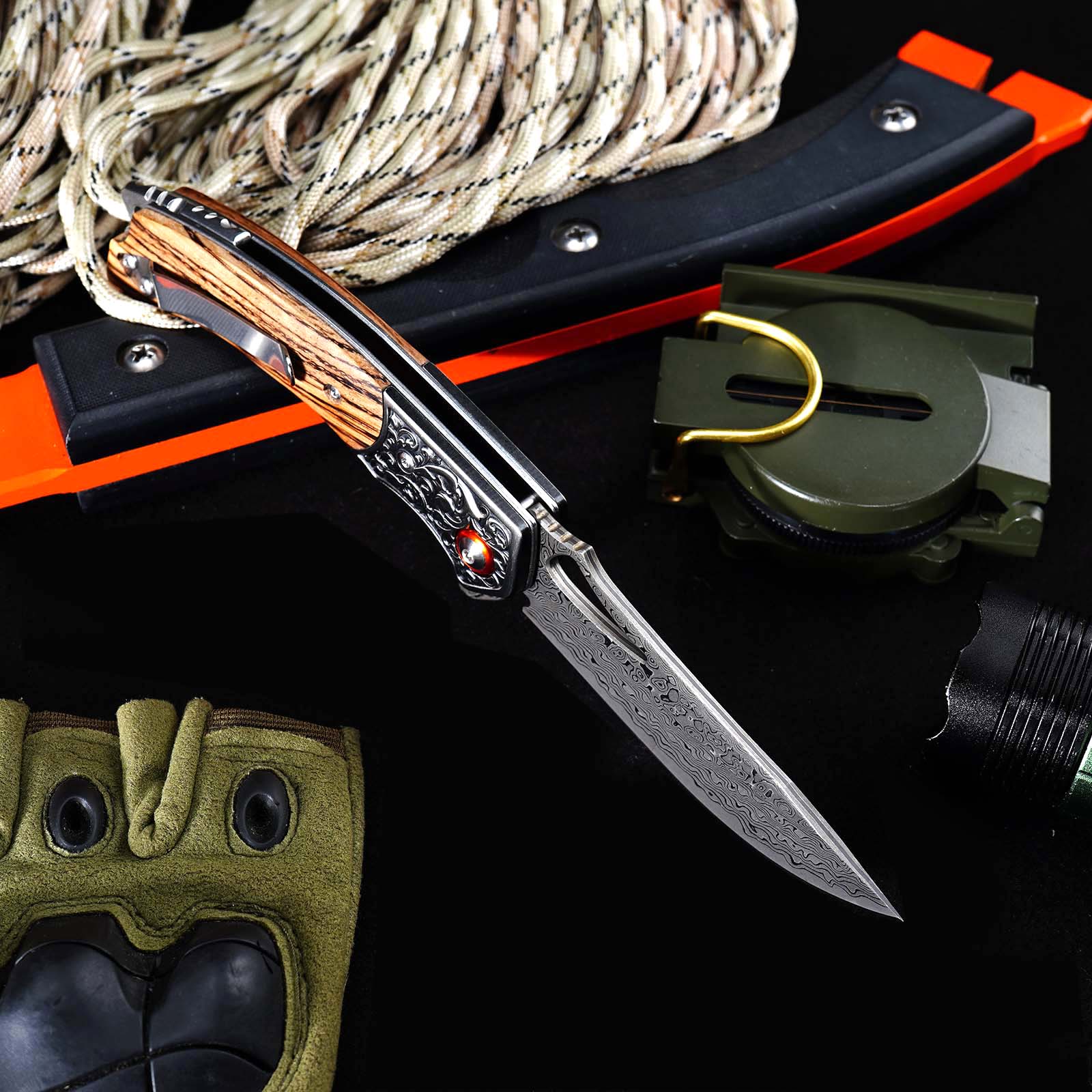 Tunafire GT-DM029 Damascus Steel Folding Knife, Zebra Wood Handle Ball Bearing EDC Pocket Knife