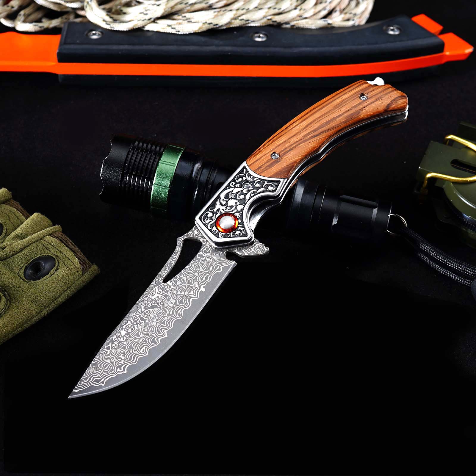 Tunafire GT-DM029 Damascus Steel Folding Knife, Zebra Wood Handle Ball Bearing EDC Pocket Knife