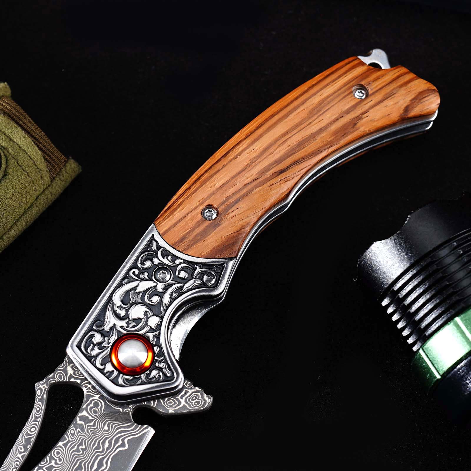 Tunafire GT-DM029 Damascus Steel Folding Knife, Zebra Wood Handle Ball Bearing EDC Pocket Knife
