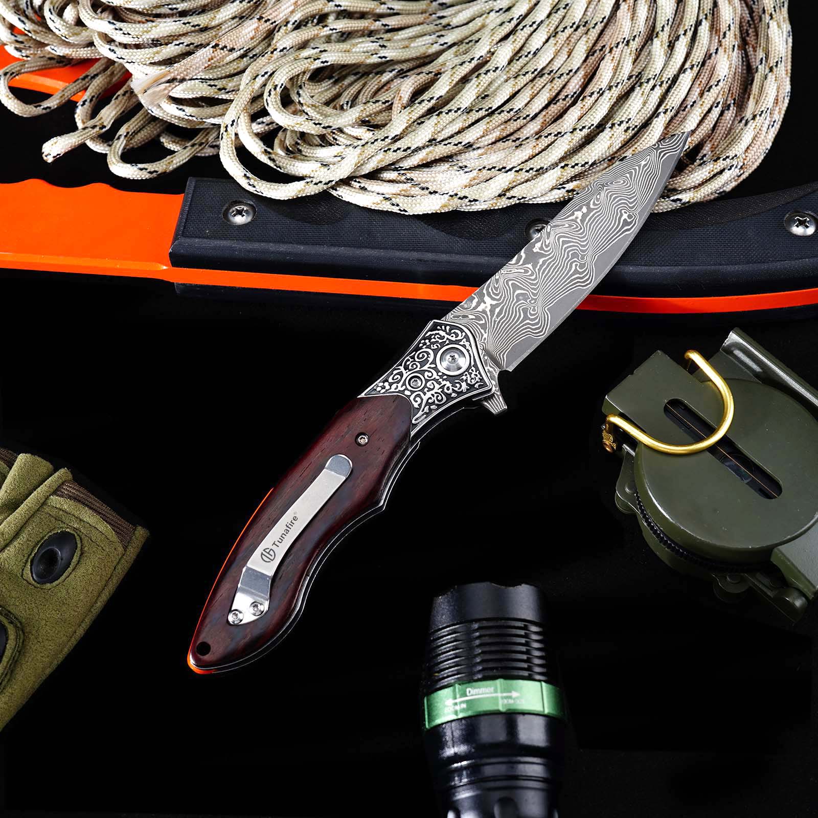 Tunafire GT-DM017 76-Layer Damascus Steel Folding Knife , Rosewood Handle Ball Bearing Collectible Knife