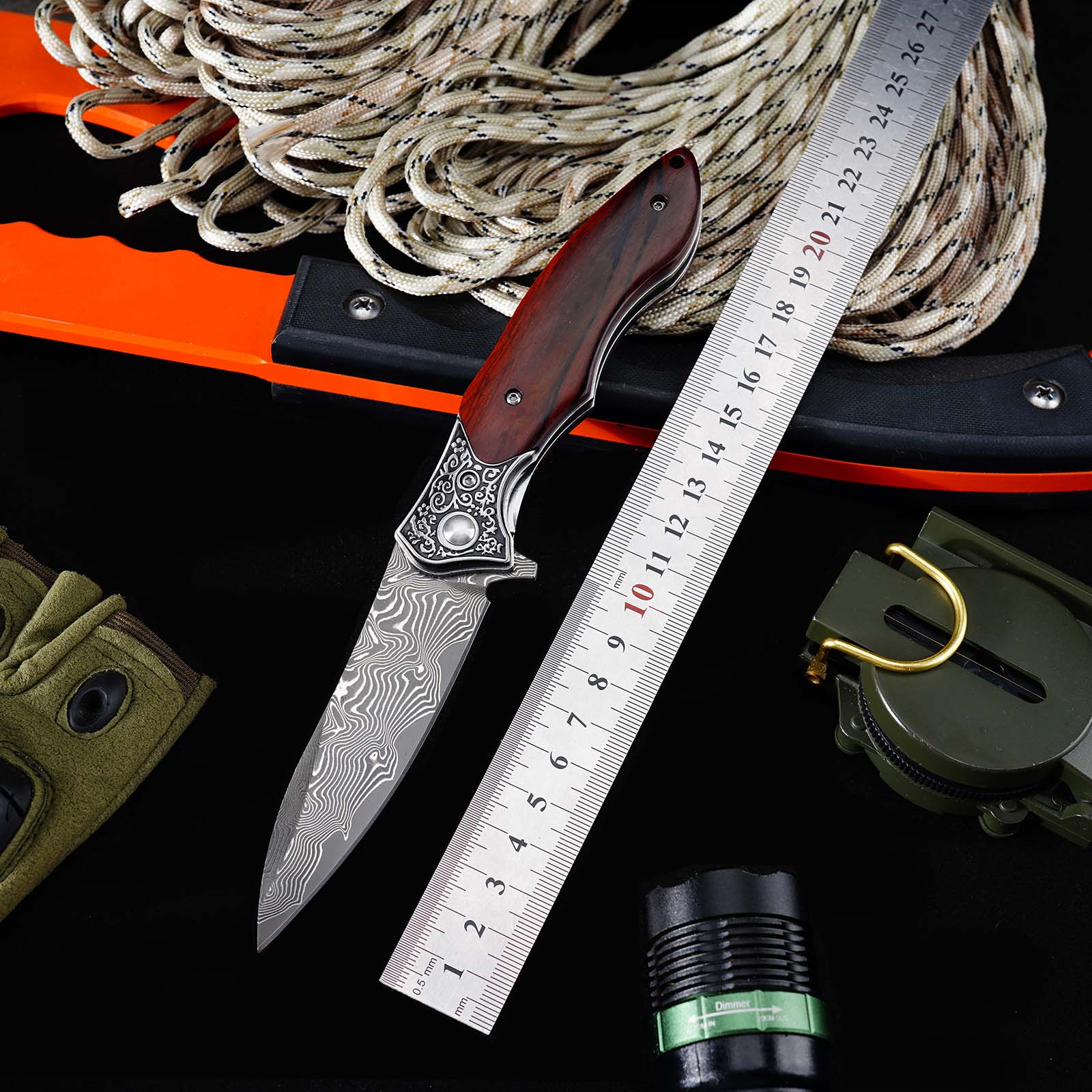 Tunafire GT-DM017 76-Layer Damascus Steel Folding Knife , Rosewood Handle Ball Bearing Collectible Knife