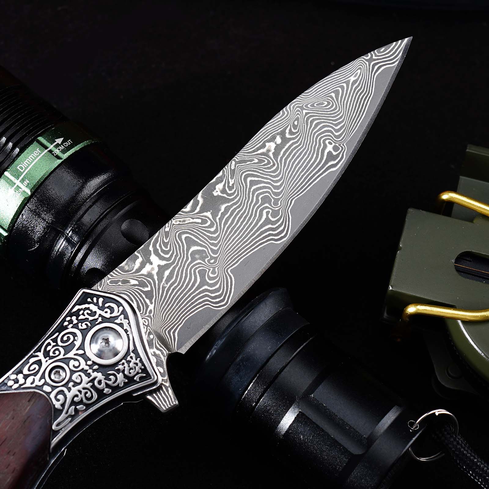 Tunafire GT-DM017 76-Layer Damascus Steel Folding Knife , Rosewood Handle Ball Bearing Collectible Knife