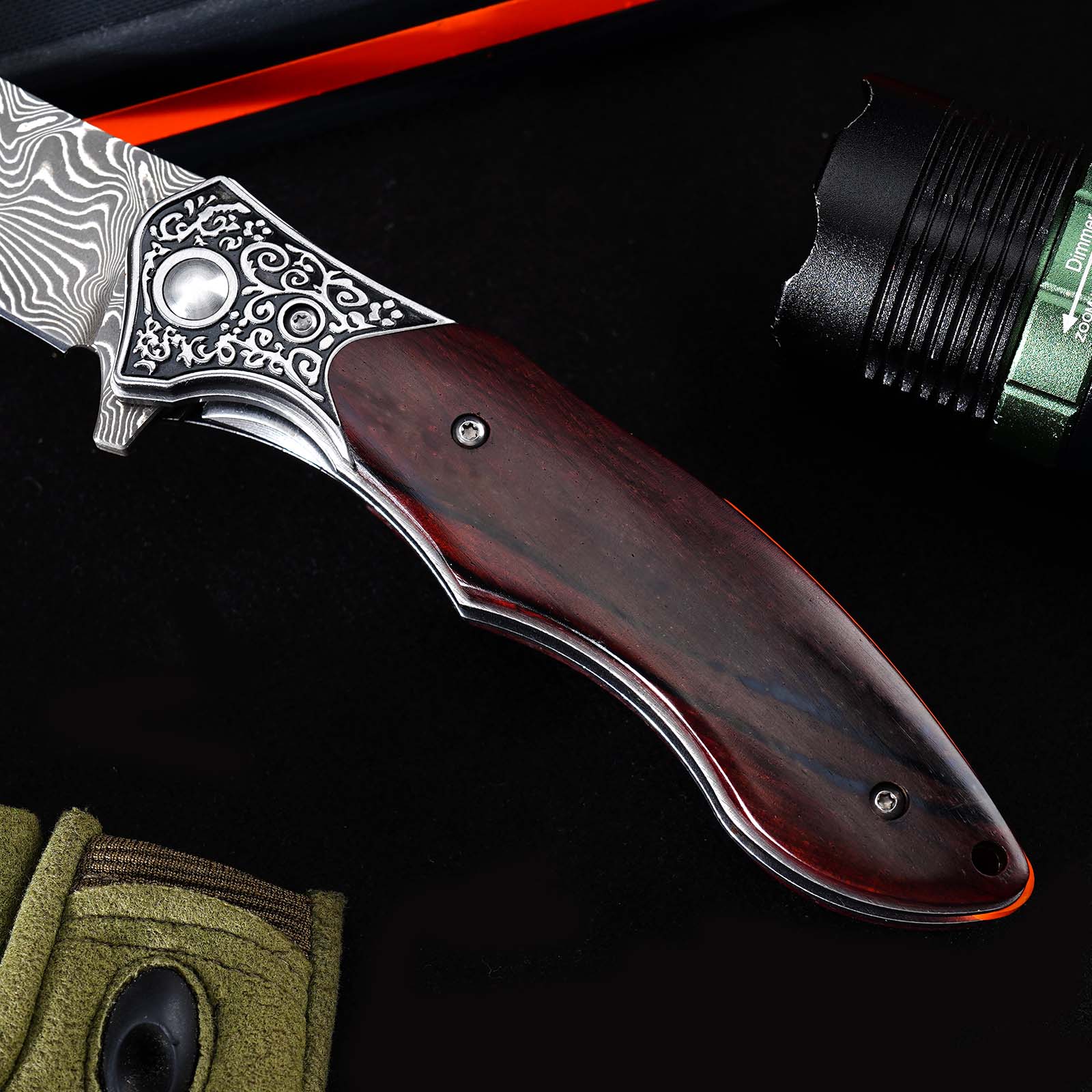 Tunafire GT-DM017 76-Layer Damascus Steel Folding Knife , Rosewood Handle Ball Bearing Collectible Knife