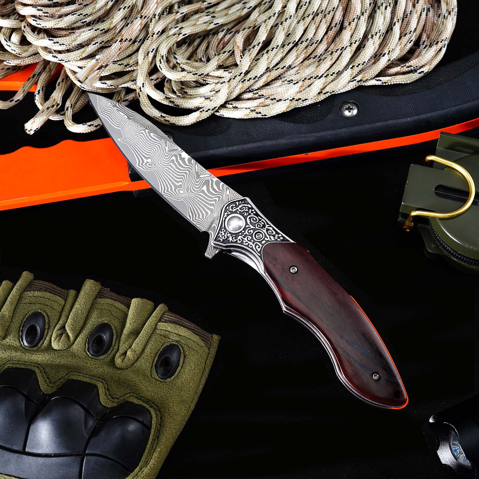 Tunafire GT-DM017 76-Layer Damascus Steel Folding Knife , Rosewood Handle Ball Bearing Collectible Knife
