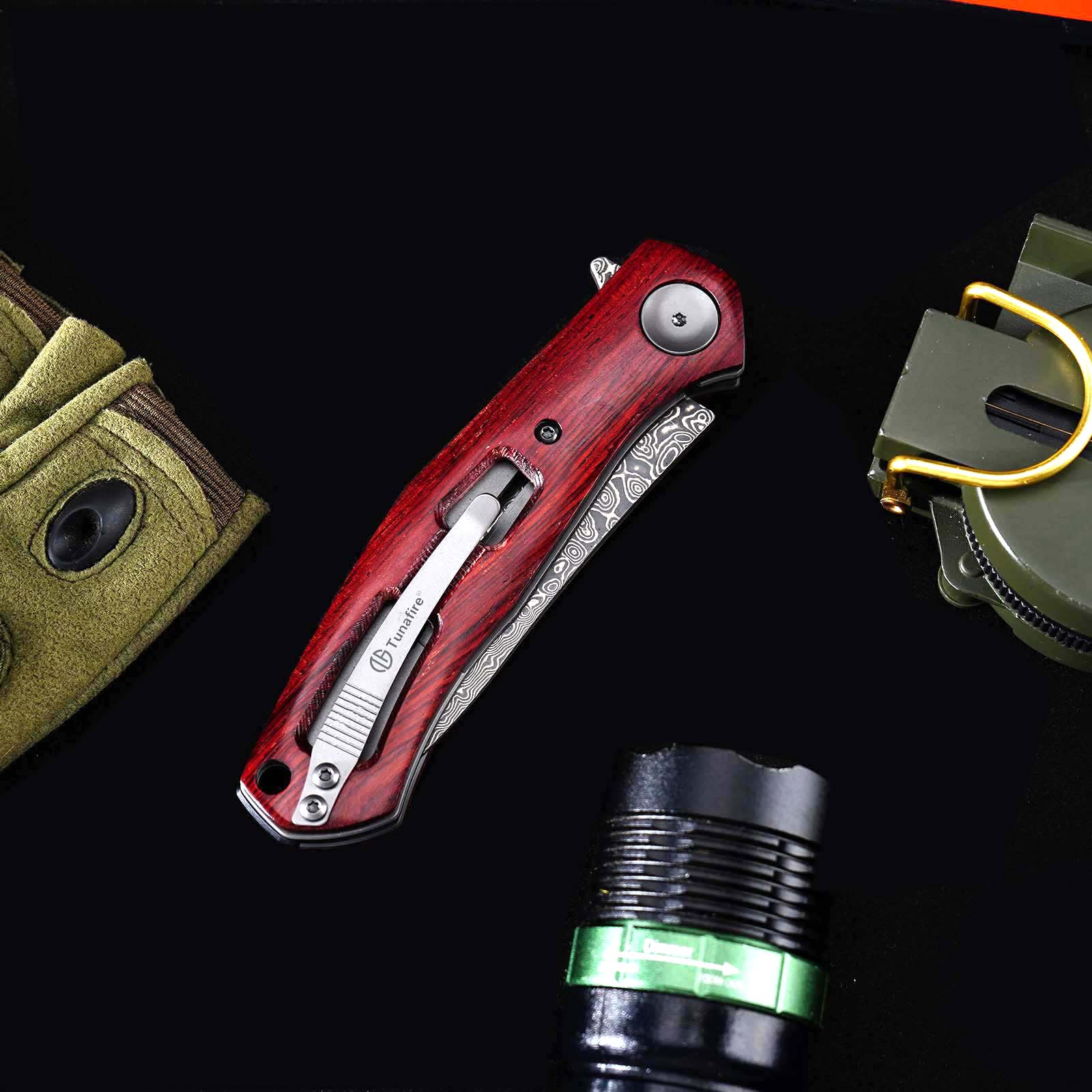 Tunafire GT-K4020 EDC Folding Knife, 76-Layer VG10 Damascus Blade, Yellow Sandalwood Handle Ball Bearing