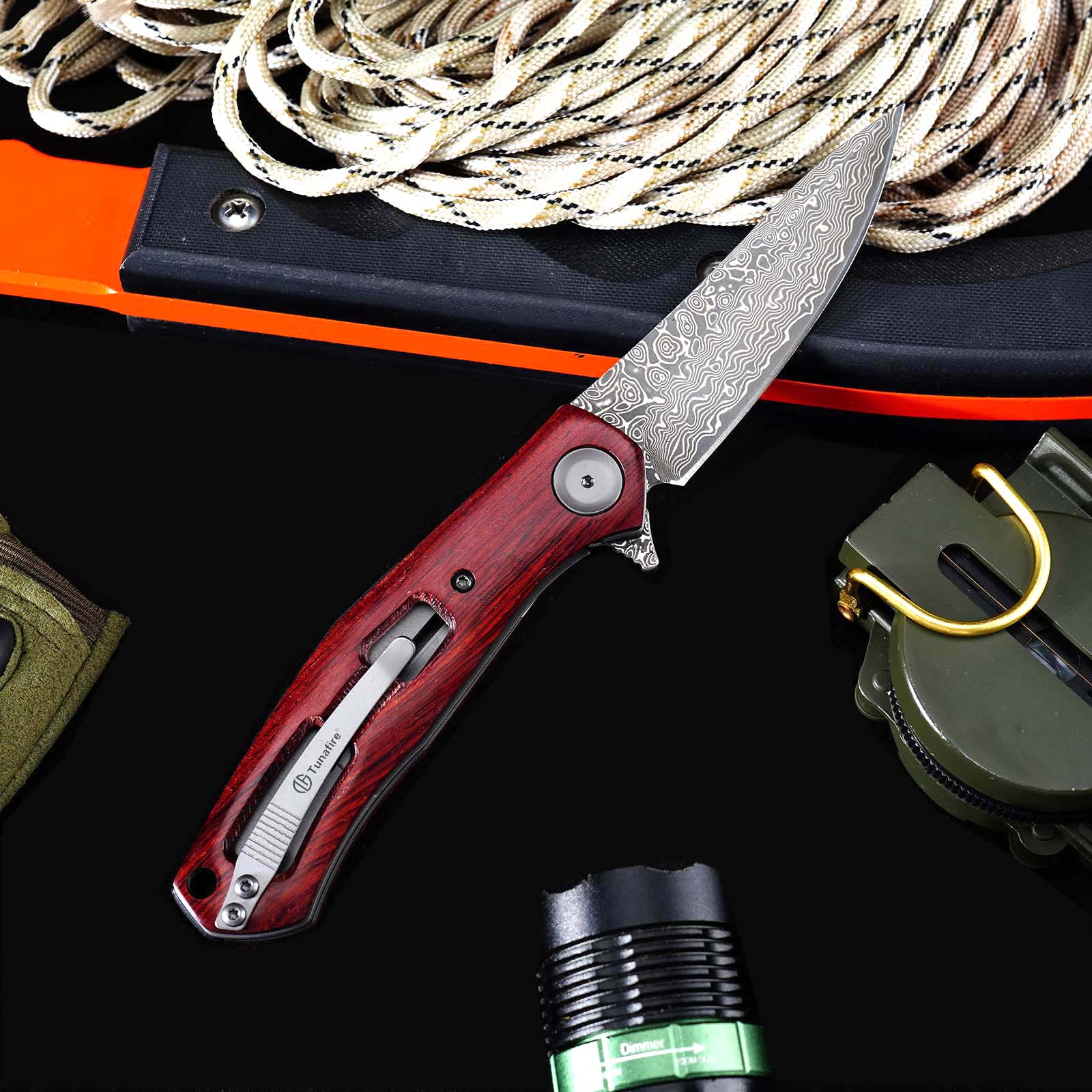 Tunafire GT-K4020 EDC Folding Knife, 76-Layer VG10 Damascus Blade, Yellow Sandalwood Handle Ball Bearing