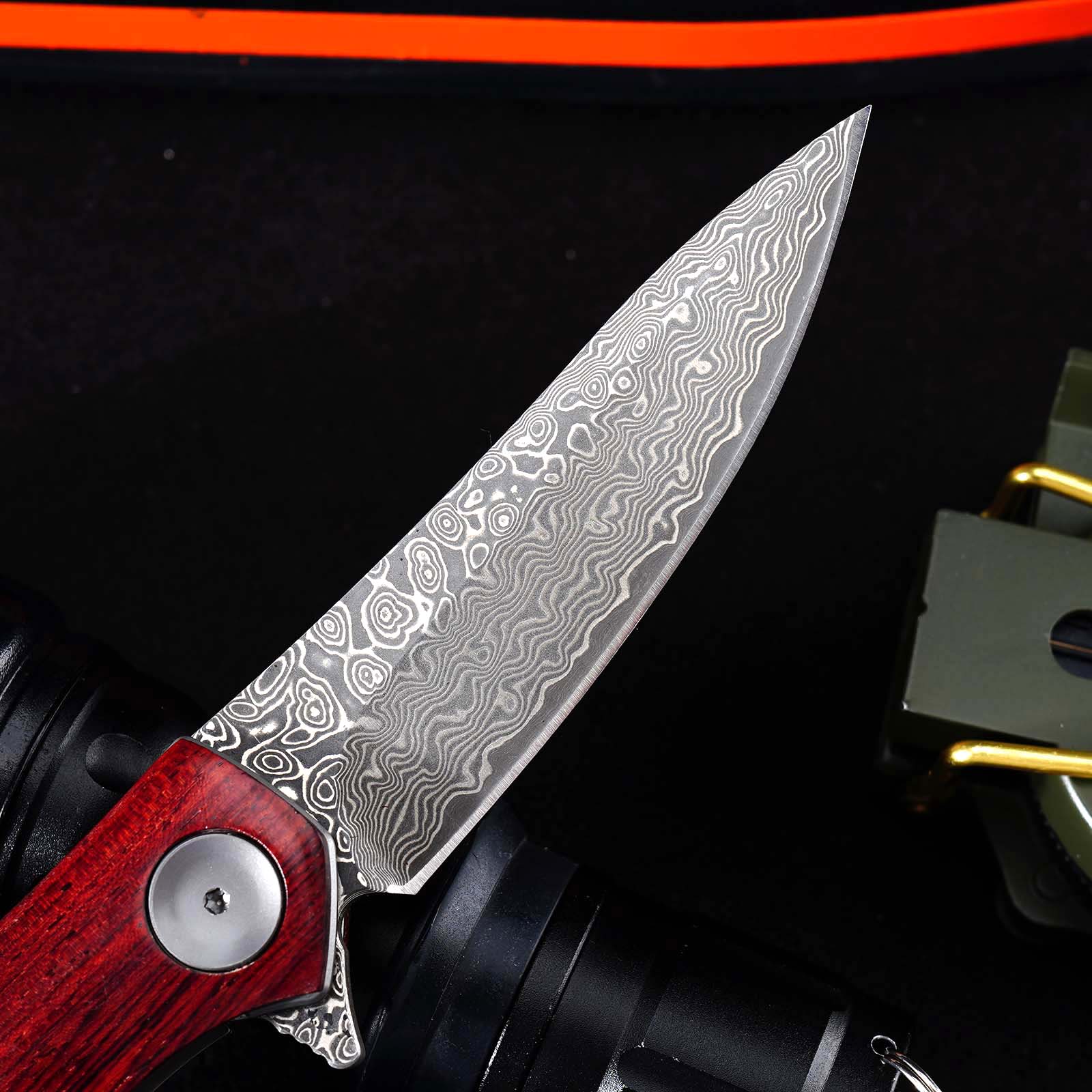 Tunafire GT-K4020 EDC Folding Knife, 76-Layer VG10 Damascus Blade, Yellow Sandalwood Handle Ball Bearing