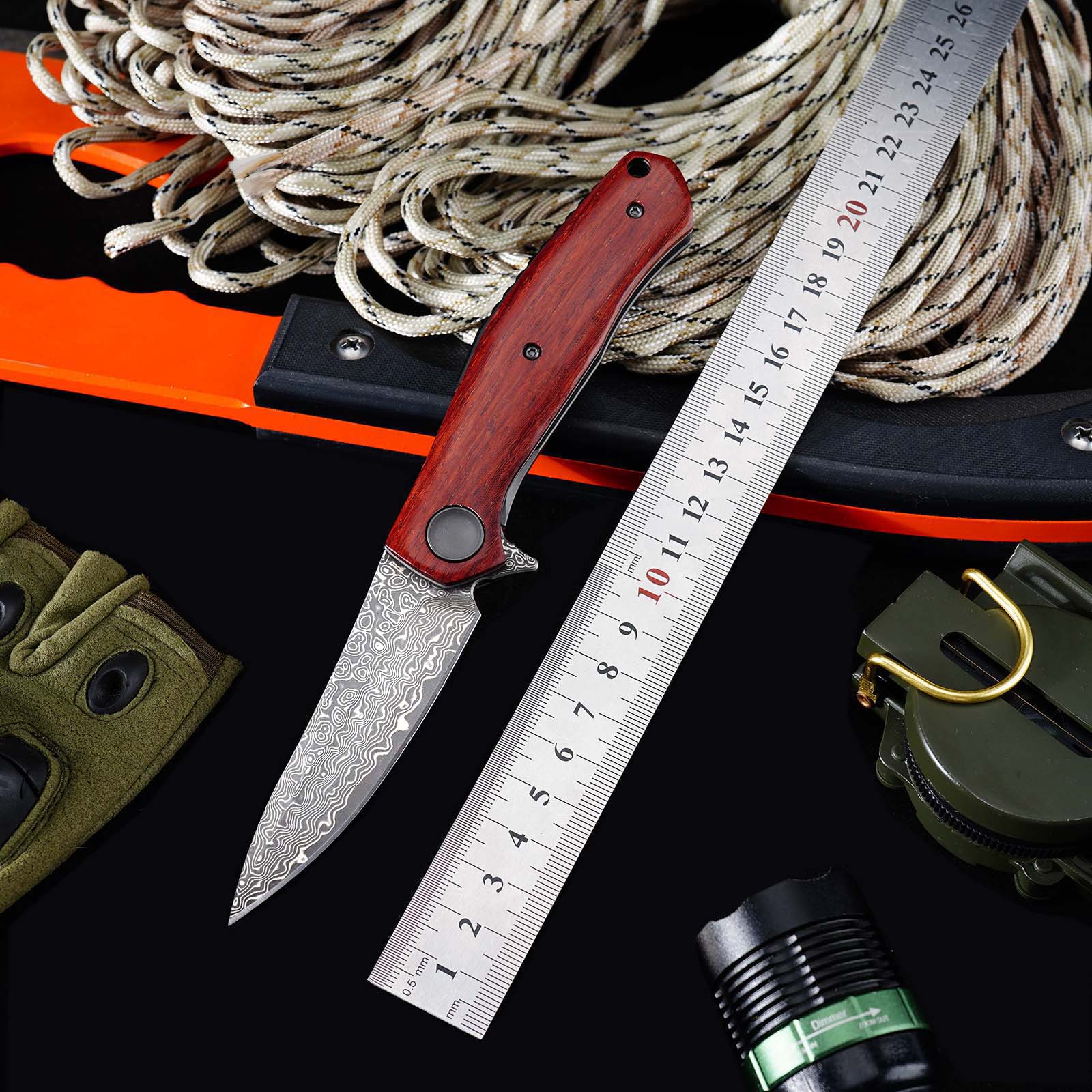 Tunafire GT-K4020 EDC Folding Knife, 76-Layer VG10 Damascus Blade, Yellow Sandalwood Handle Ball Bearing