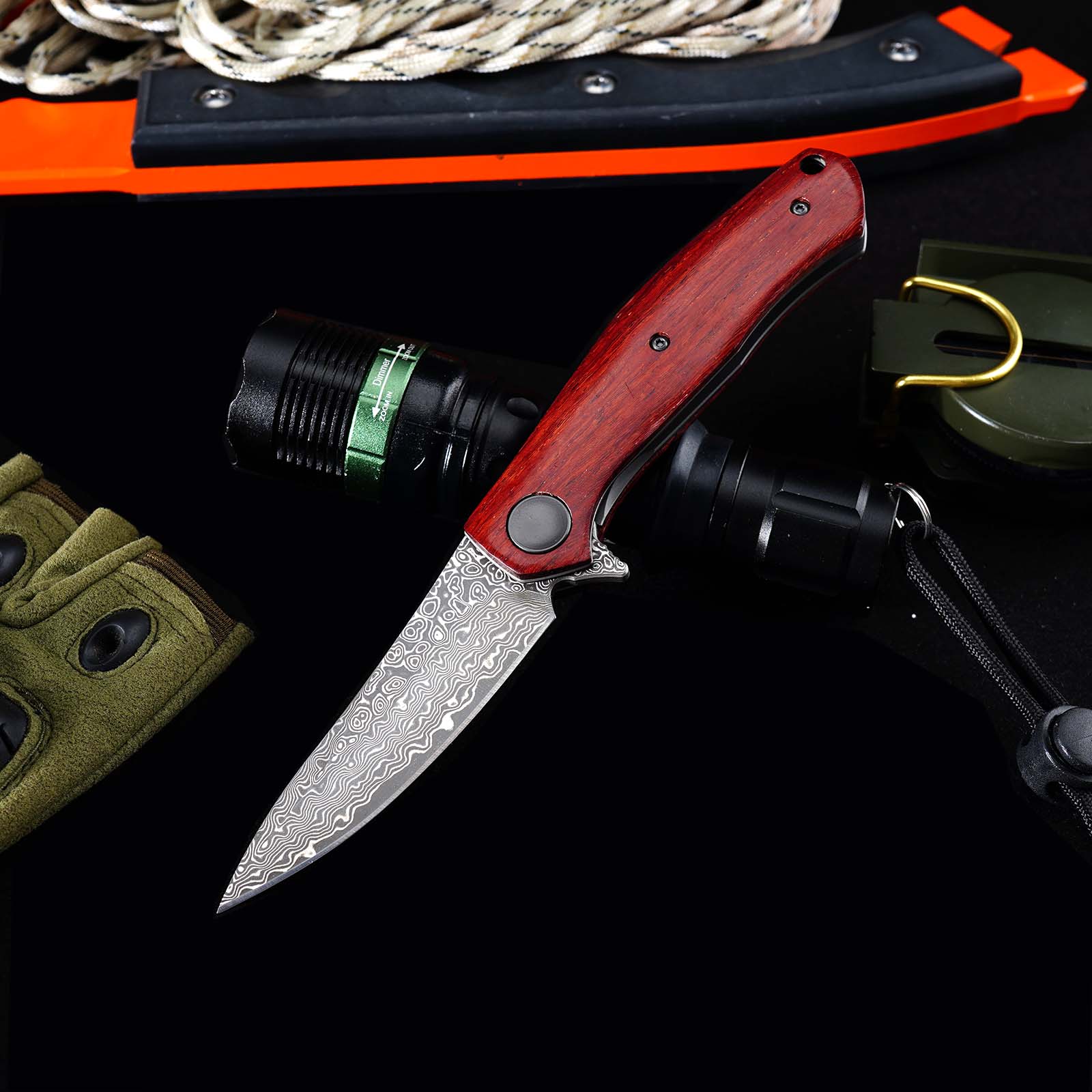 Tunafire GT-K4020 EDC Folding Knife, 76-Layer VG10 Damascus Blade, Yellow Sandalwood Handle Ball Bearing