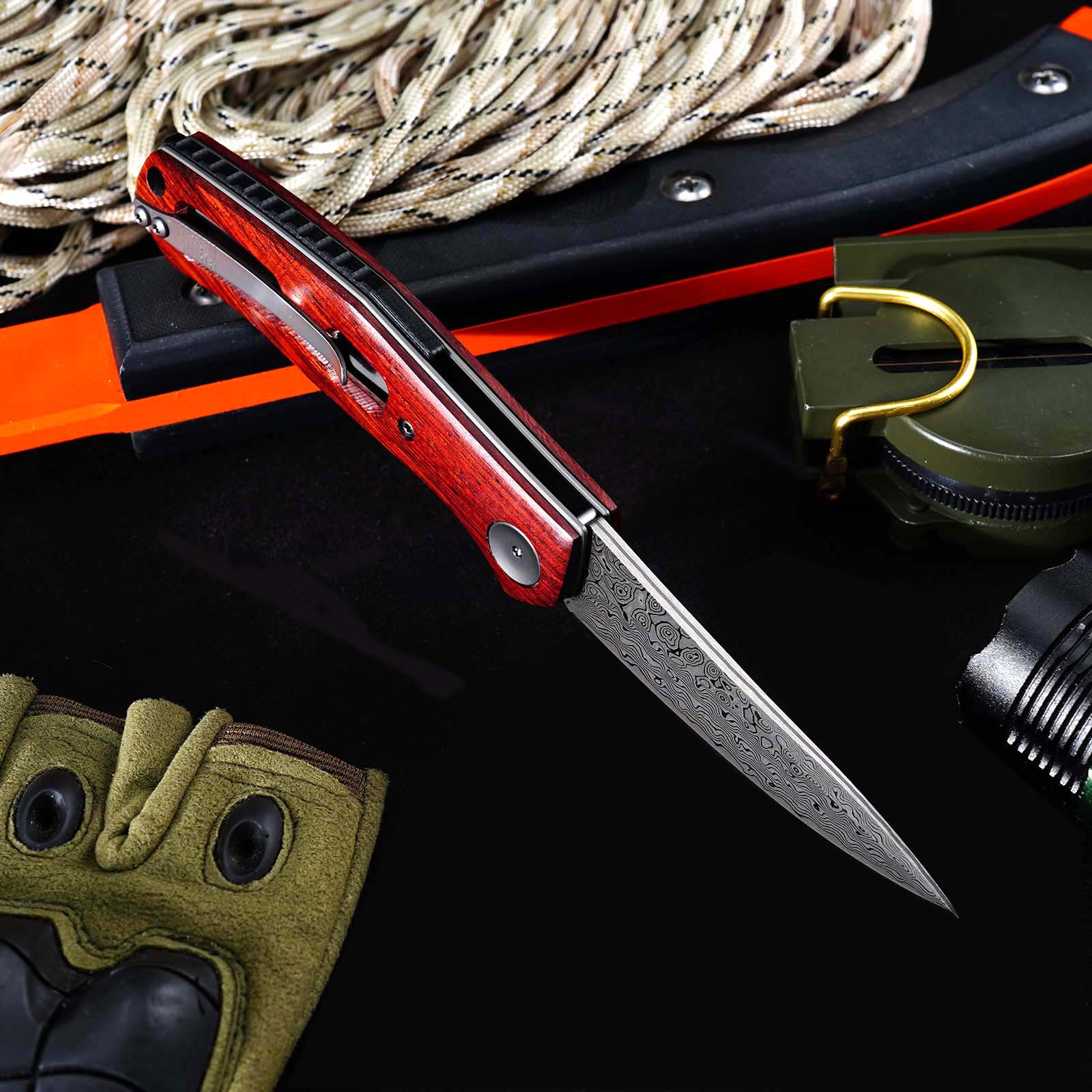 Tunafire GT-K4020 EDC Folding Knife, 76-Layer VG10 Damascus Blade, Yellow Sandalwood Handle Ball Bearing