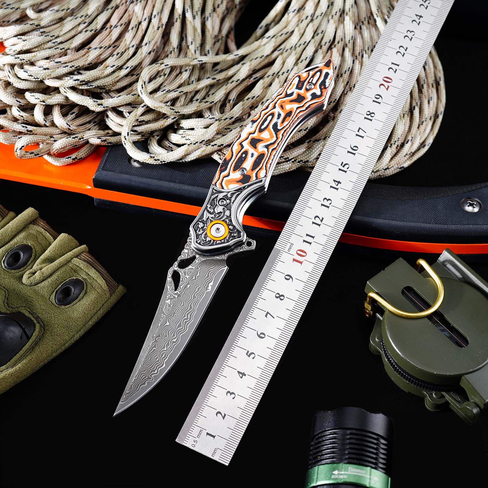 Tunafire GT-DM024  Flipper Folding Knife 3.27" Damascus steel Blade Orang white fiber  Handle Survival Camping Pocket Knife