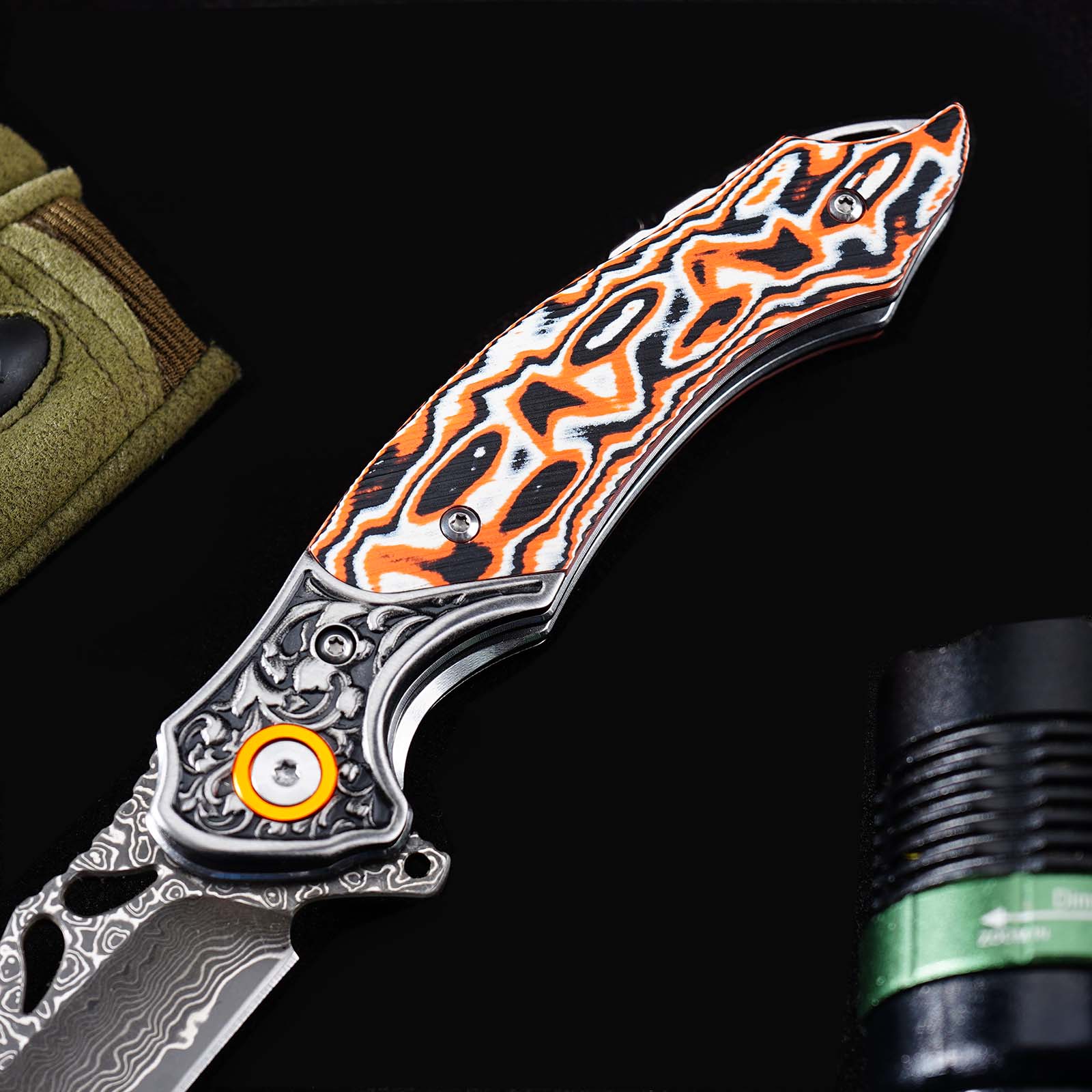 Tunafire GT-DM024  Flipper Folding Knife 3.27" Damascus steel Blade Orang white fiber  Handle Survival Camping Pocket Knife