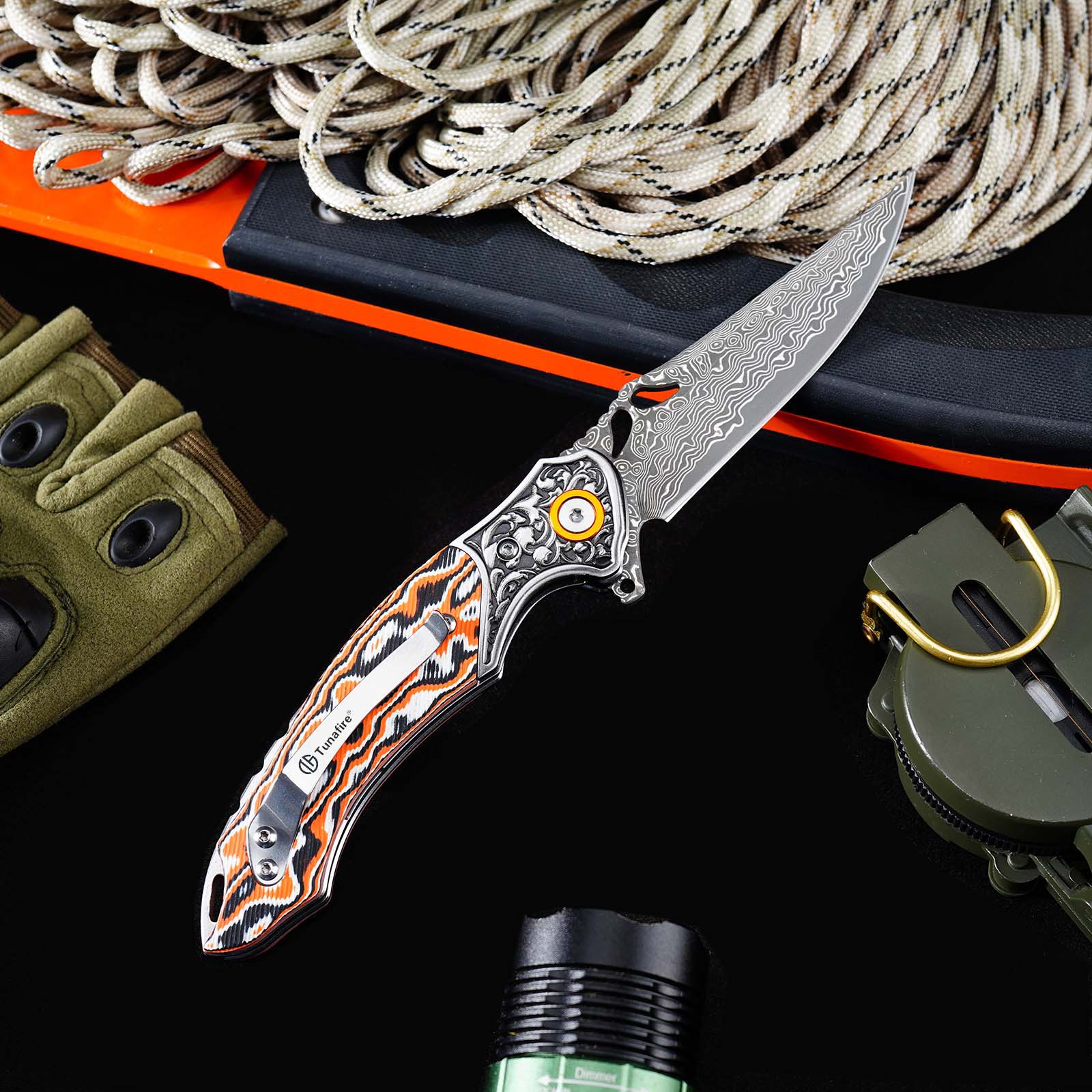 Tunafire GT-DM024  Flipper Folding Knife 3.27" Damascus steel Blade Orang white fiber  Handle Survival Camping Pocket Knife