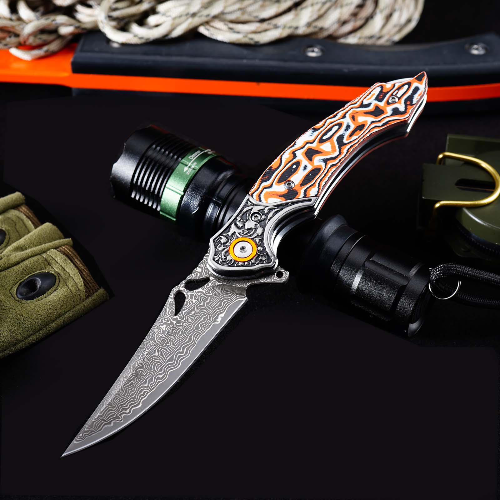 Tunafire GT-DM024  Flipper Folding Knife 3.27" Damascus steel Blade Orang white fiber  Handle Survival Camping Pocket Knife