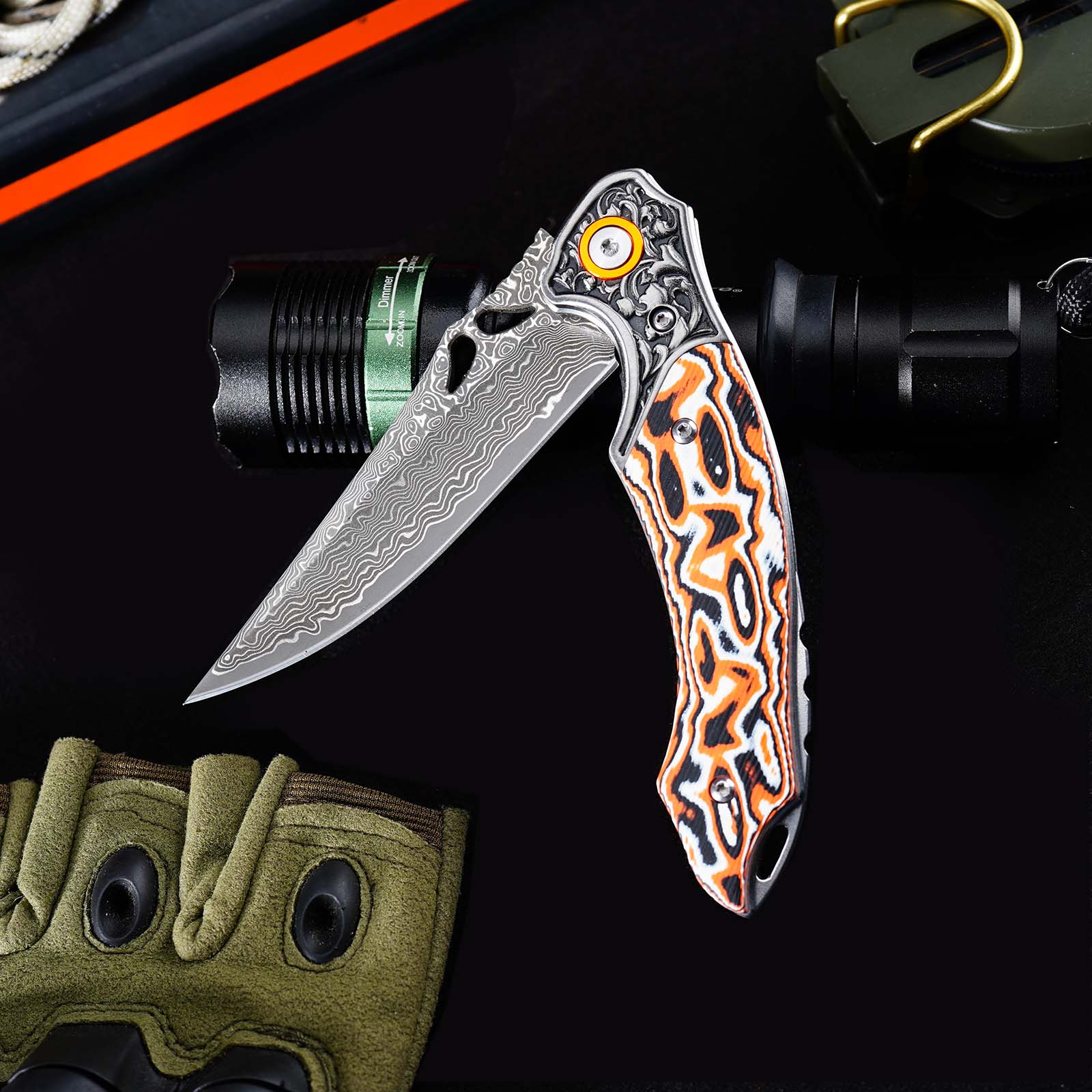 Tunafire GT-DM024  Flipper Folding Knife 3.27" Damascus steel Blade Orang white fiber  Handle Survival Camping Pocket Knife