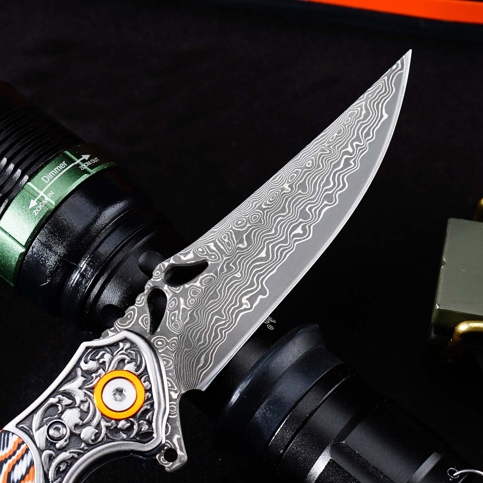 Tunafire GT-DM024  Flipper Folding Knife 3.27" Damascus steel Blade Orang white fiber  Handle Survival Camping Pocket Knife