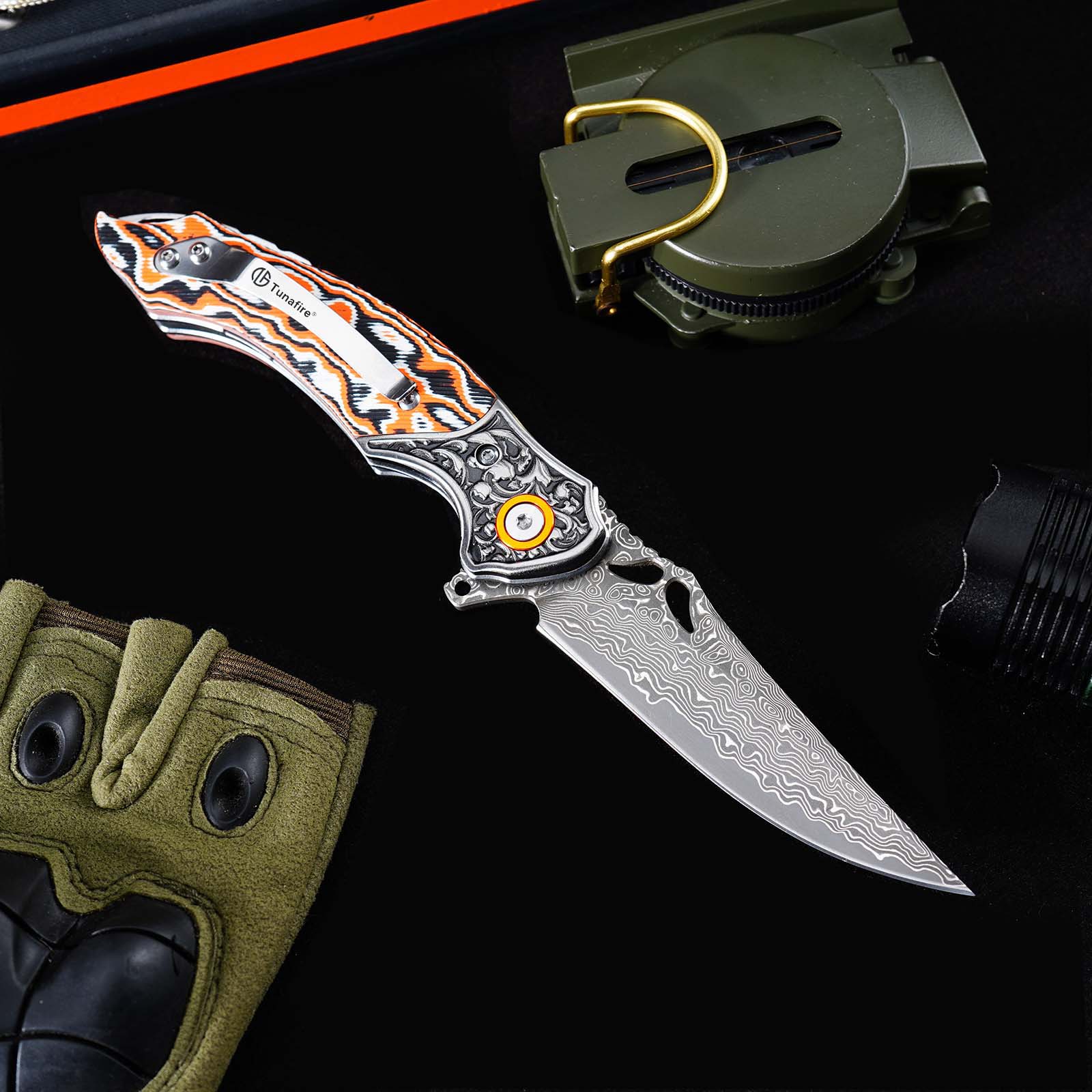 Tunafire GT-DM024  Flipper Folding Knife 3.27" Damascus steel Blade Orang white fiber  Handle Survival Camping Pocket Knife