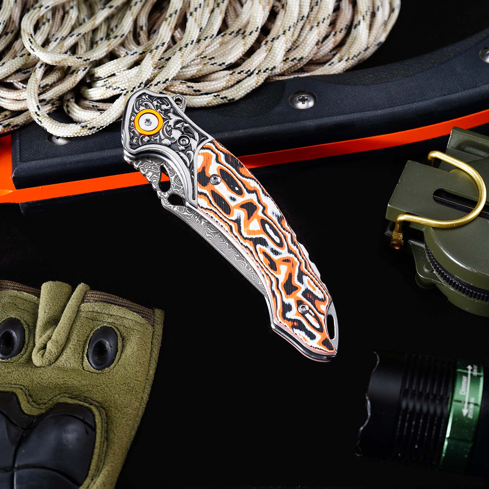 Tunafire GT-DM024  Flipper Folding Knife 3.27" Damascus steel Blade Orang white fiber  Handle Survival Camping Pocket Knife